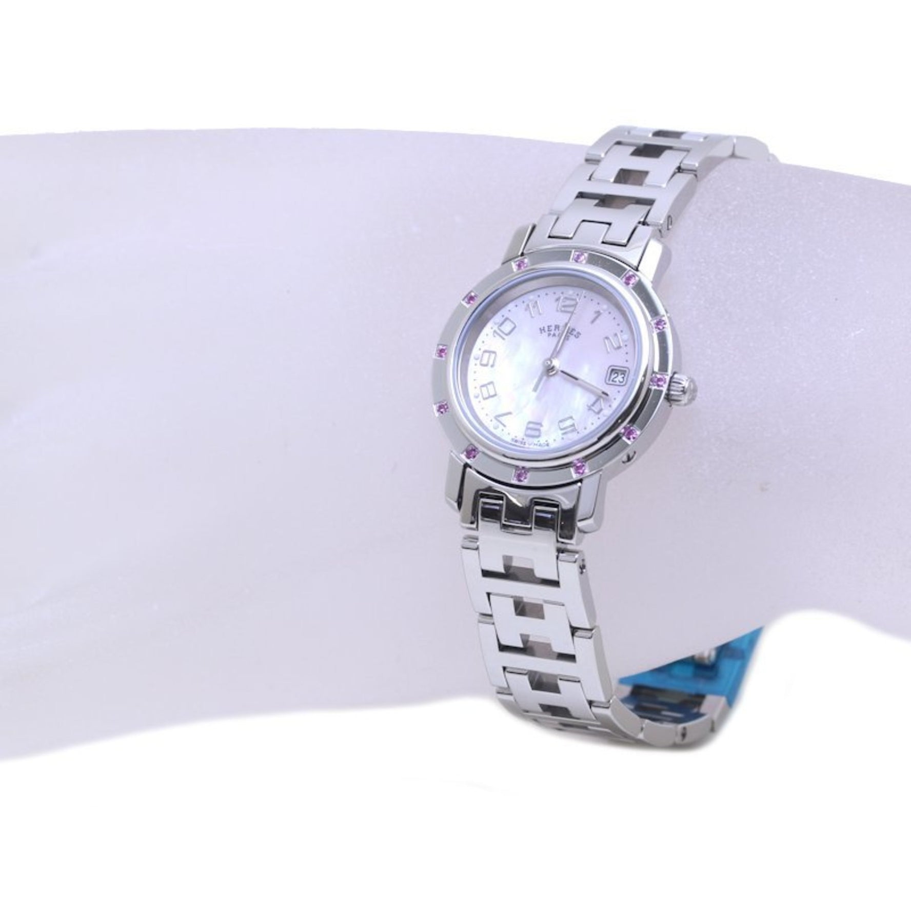 HERMES Clipper Nacle Pink Sapphire 3821 New Buckle Stainless Steel Ladies Watch