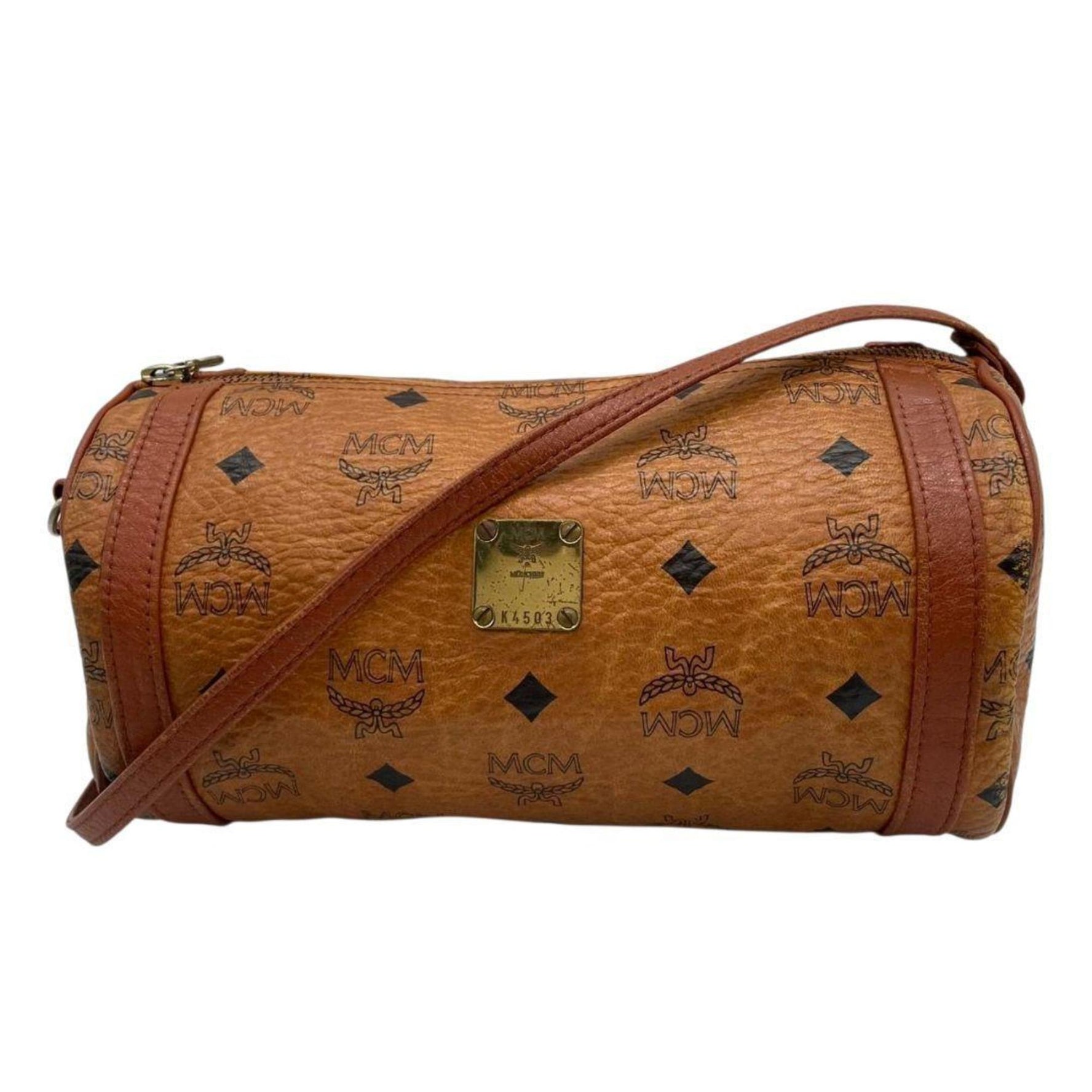 MCM Visetos Mini Boston Shoulder Bag, Leather with Gold Hardware and Logo Plate