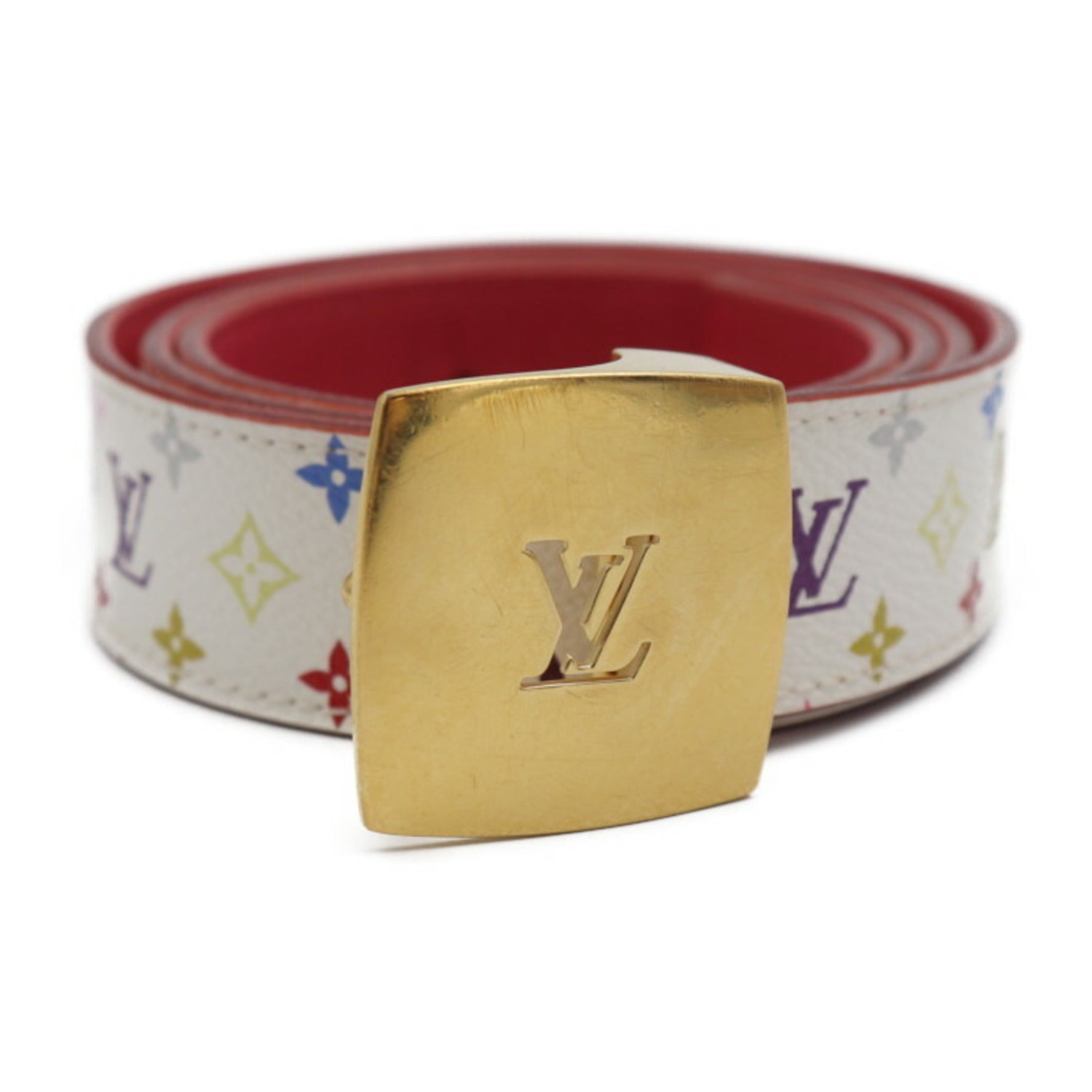 Louis Vuitton Suntulle LV Cut Belt Notation Size 80/32 Monogram Multicolor Leather Bron Grenade Gold Hardware Reversible
