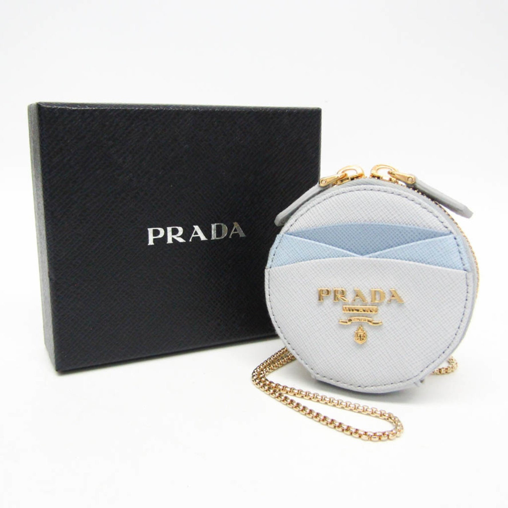 Prada Saffiano Chain Strap Included Leather Coin Purse/coin Case Blue,Light Blue Gray