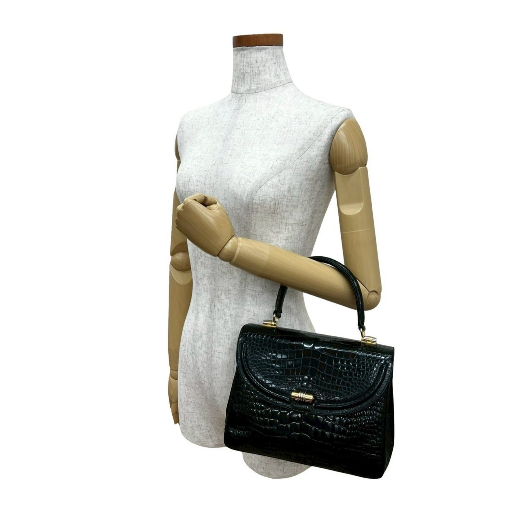 GUCCI Vintage Turnlock Crocodile-Embossed Leather Handbag in
