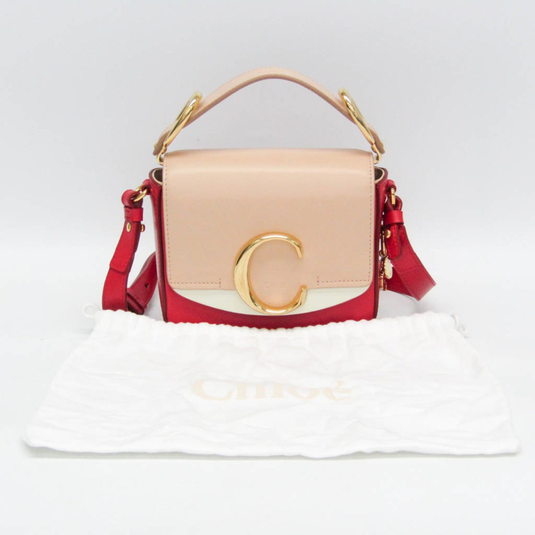 Chloé Chloe C Mini Leather Handbag,Shoulder Bag Light Beige,Red Color