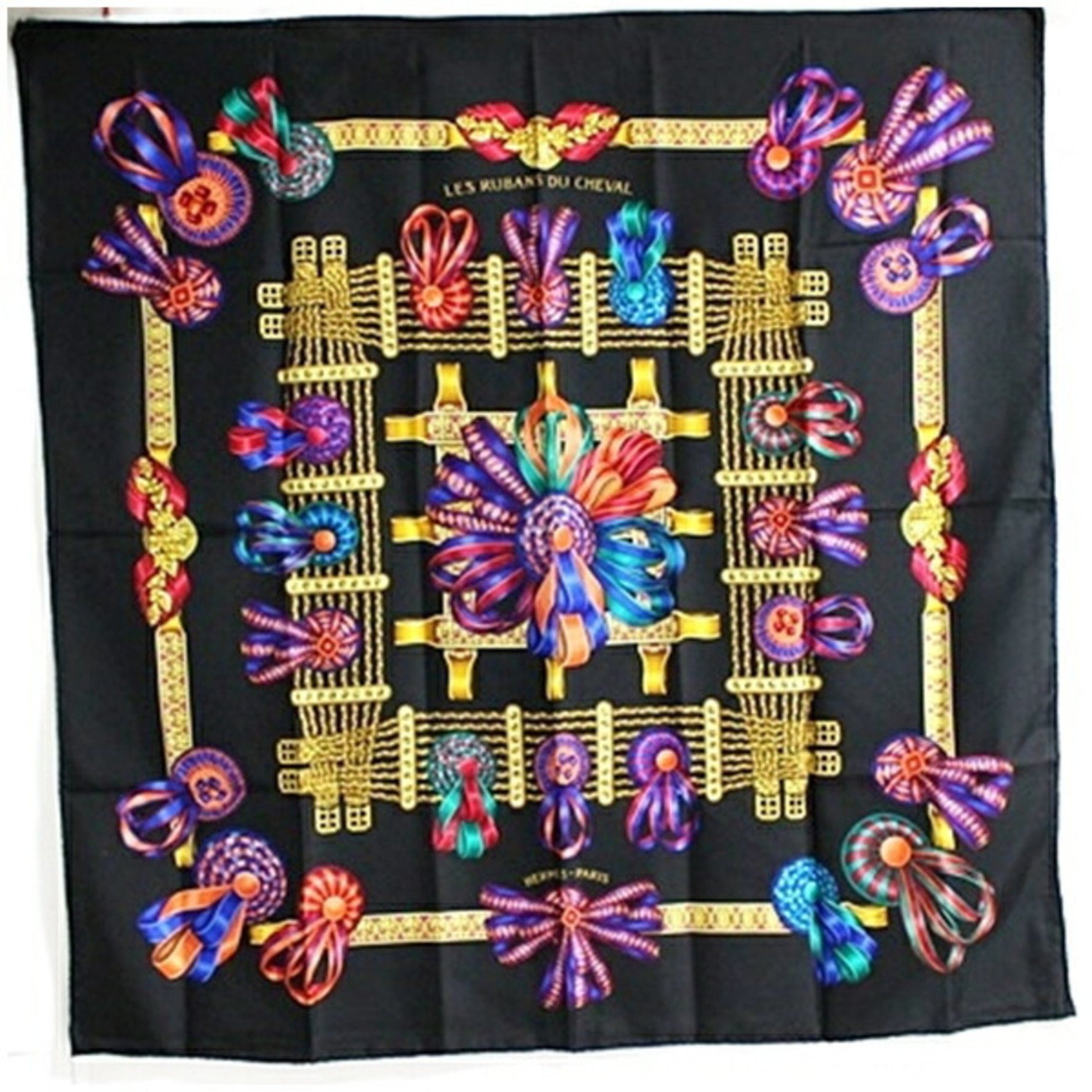 Hermes Silk Scarf/Muffler Carré 90 "Les Rubans du Cheval" Horse Ribbon