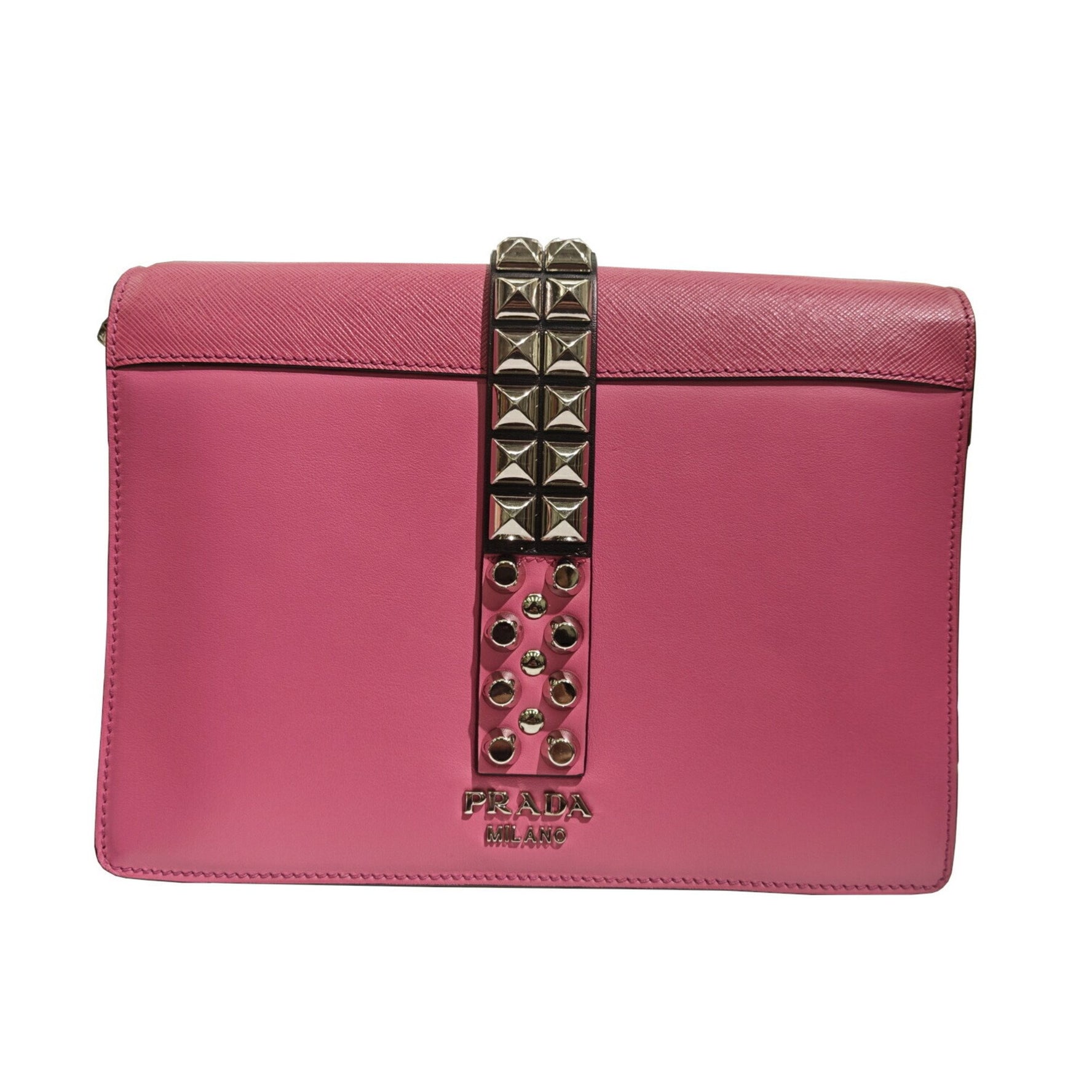 PRADA ELEKTRA 1BD120 Electra Bag Studded Shoulder Crossbody Calf Leather Saffiano Pink Black Women's