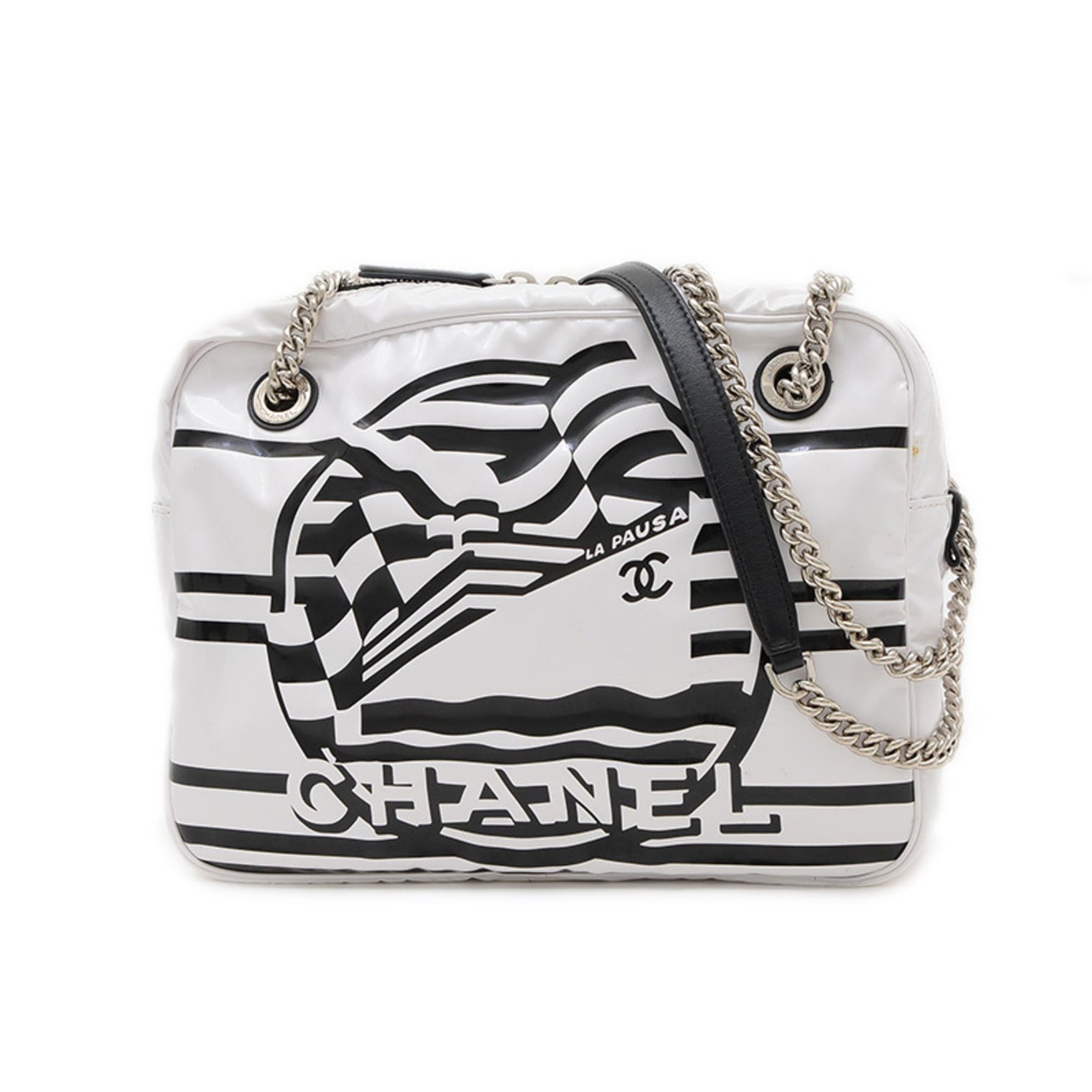 Chanel Cruise Line Chain Shoulder Bag Vinyl White Black