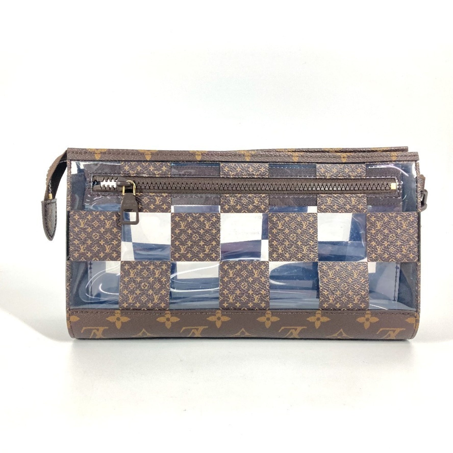 Louis Vuitton Monogram Chess Damier Stand Pouch Bag with Strap Clutch Vinyl Canvas Brown