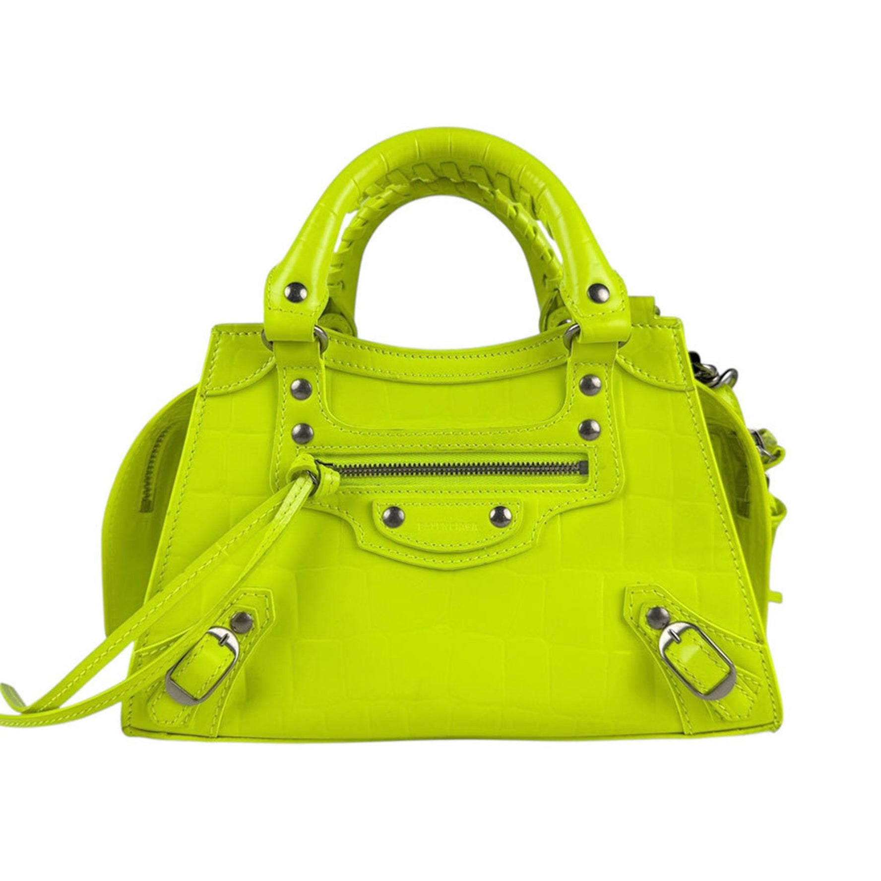 Balenciaga Neo Classic City Mini Handbag/Shoulder Bag in Embossed Leather, Neon Green/Yellow