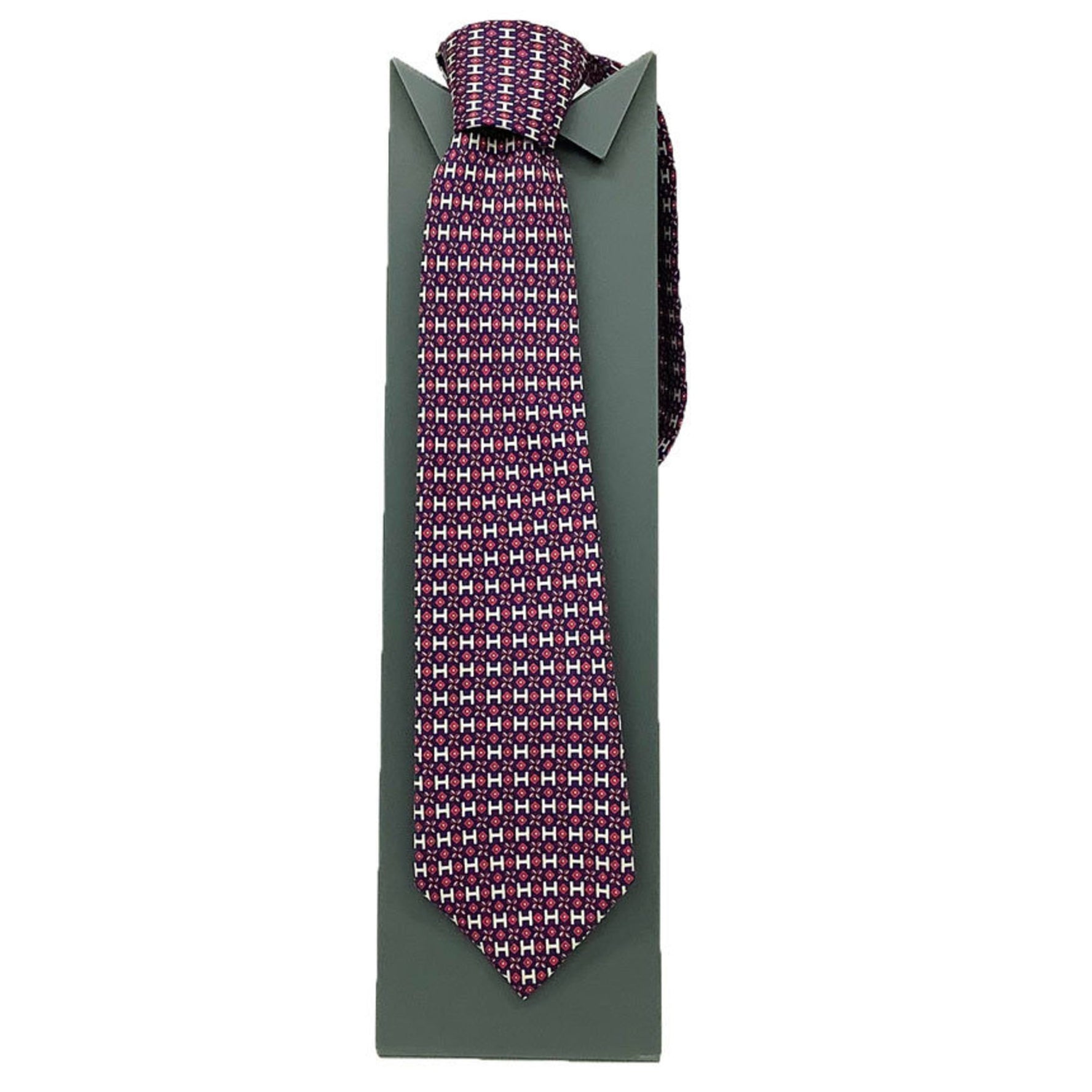 Hermes Tie Silk Twill H Pattern Navy x Pink