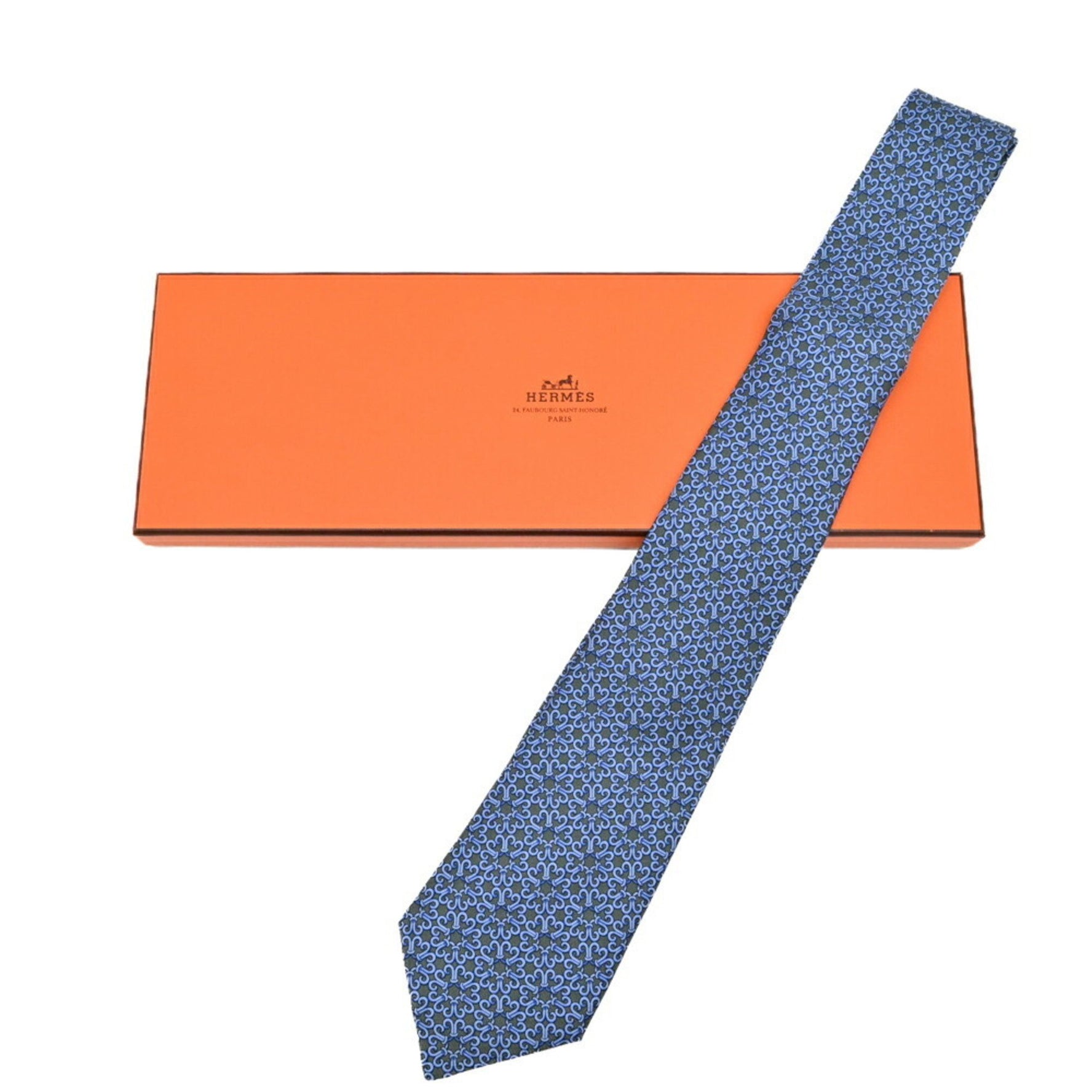 HERMES Tie Pattern 100% Silk Light Blue Green