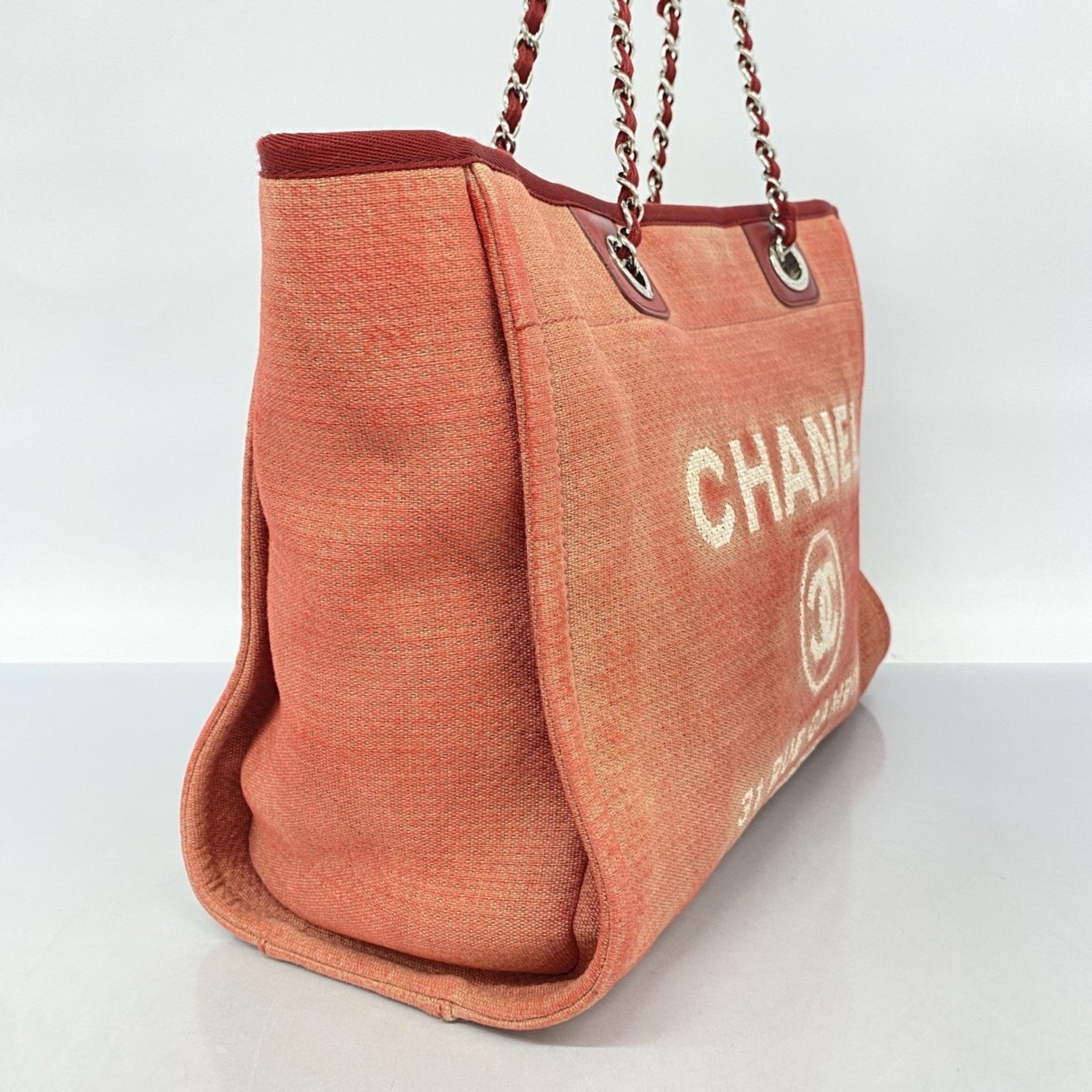 Chanel Deauville Tote Bag with Chain Shoulder Strap, Red Canvas