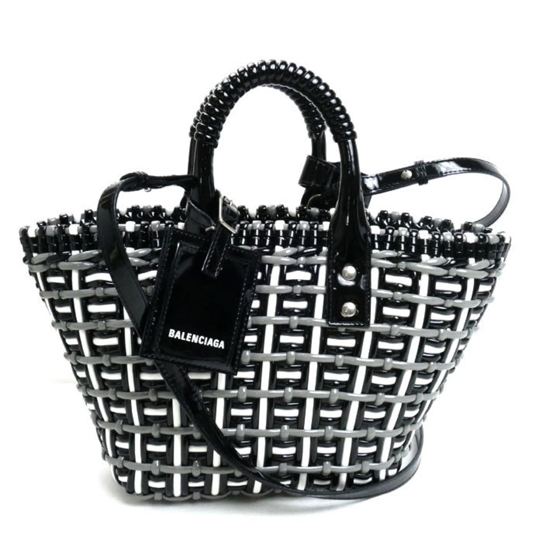 BALENCIAGA Bistro Basket Bag XS Shoulder Handbag Black x White Grey