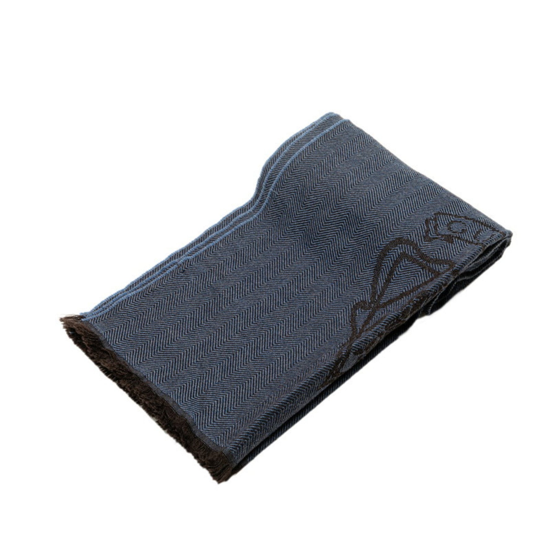 Gucci Emblem Crest Herringbone Scarf 08.338.986 Blue Brown Wool
