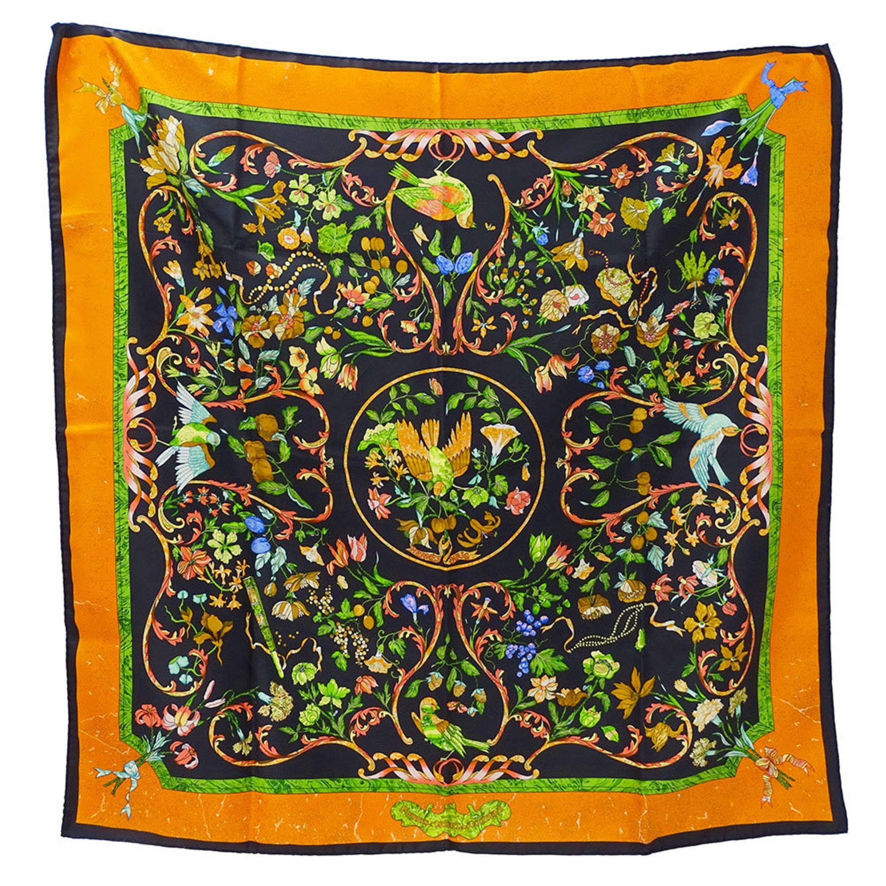 Hermes Hermès scarf/muffler brand Carré 90, PIERRES d'Orient et d'OCCIDENT, featuring Eastern and Western stonework, silk, black orange, large bird flower motifs.