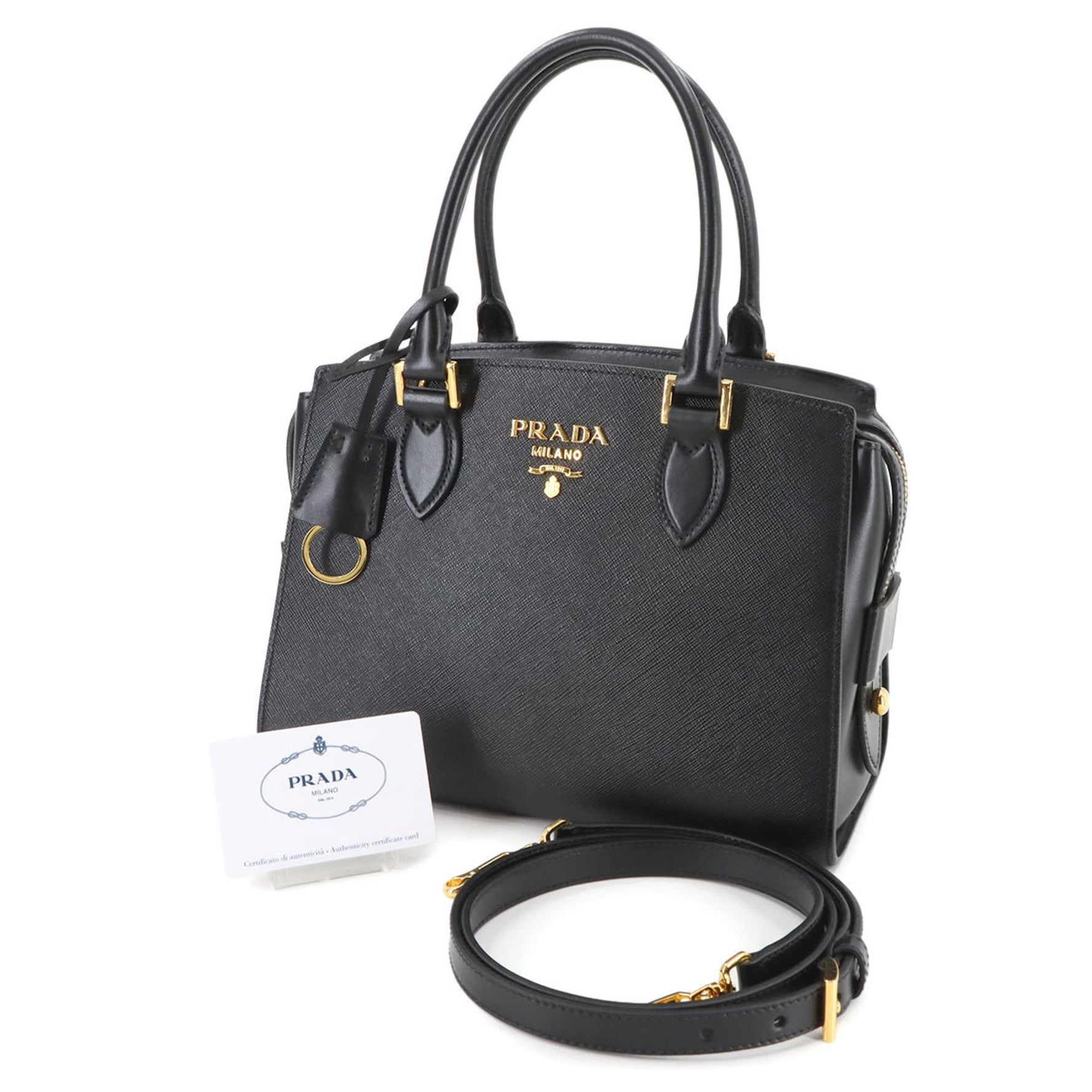 Prada Saffiano 2-way Hand Shoulder Bag in Nero Leather with Gold Hardware (1BA164)