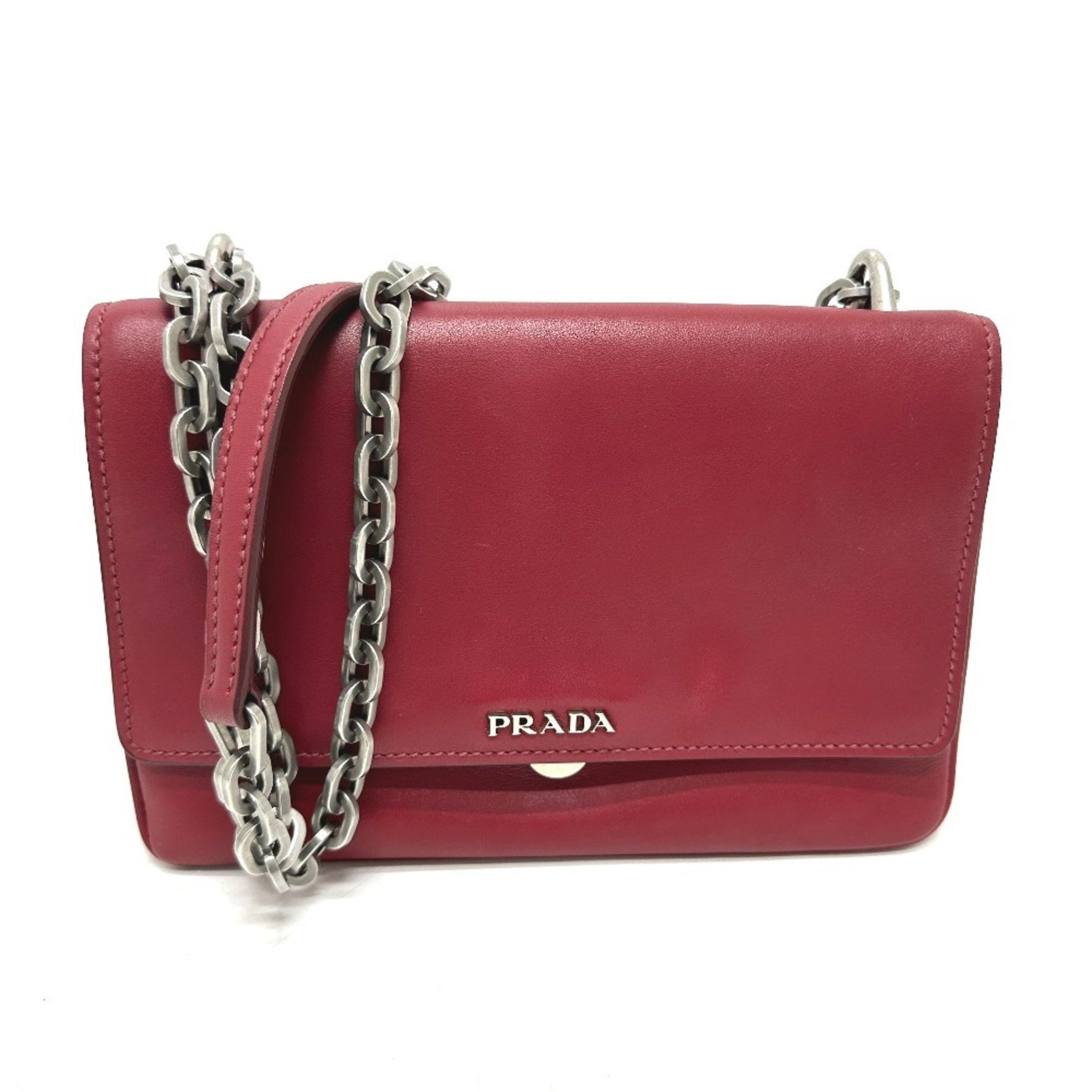 PRADA Logo Chain Bag Crossbody Shoulder Leather Red