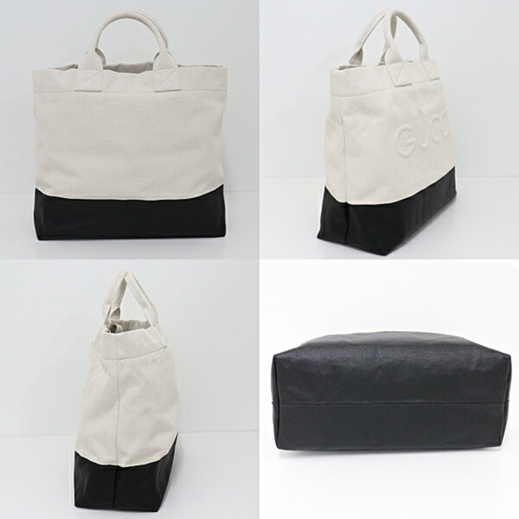 GUCCI Embossed Detail Canvas Tote Bag Natural Ivory Black
