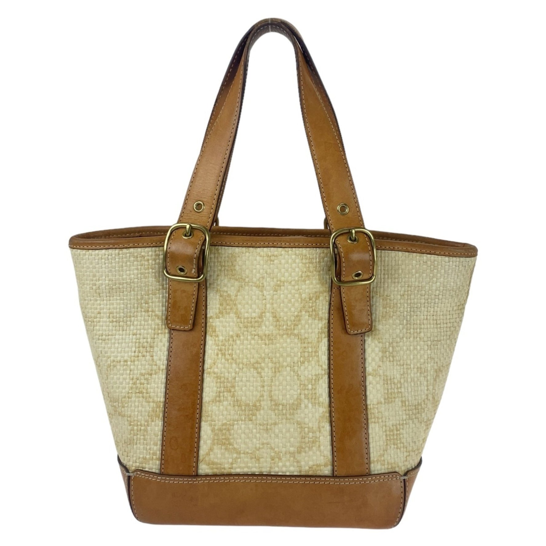 COACH Signature Light Brown Camel Beige Gold Hardware Straw Leather Tote Bag Shoulder Handbag