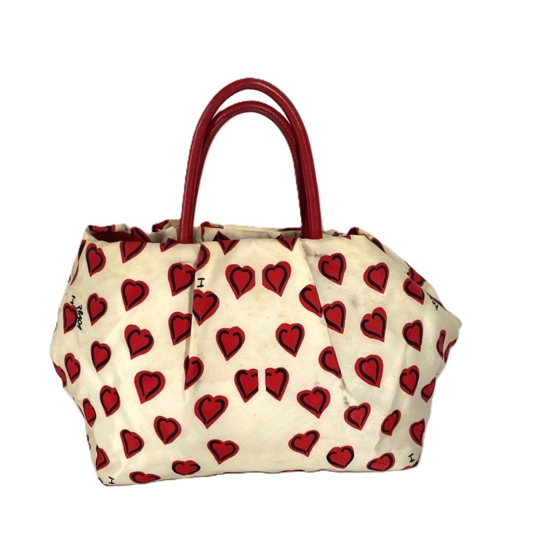 PRADA Heart Logo Handbag Bag Bicolor Tote Leather Nylon White
