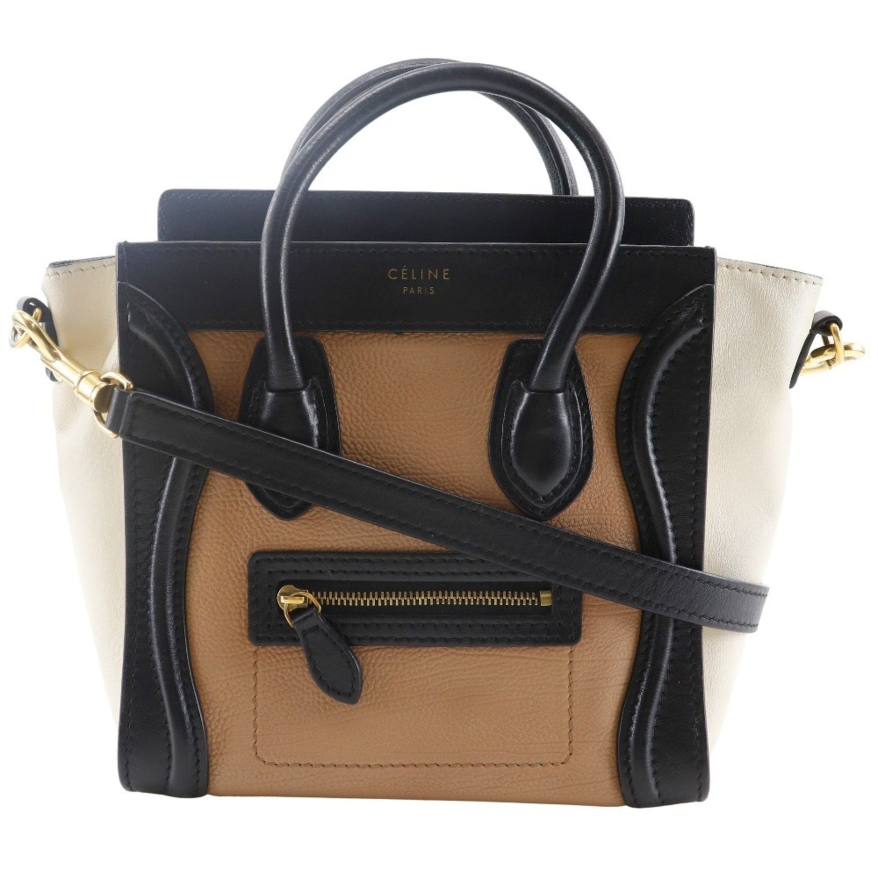 Celine Luggage Nano Shopper Handbag, Two-Tone Calfskin, Black/Brown/Off-White, Size
