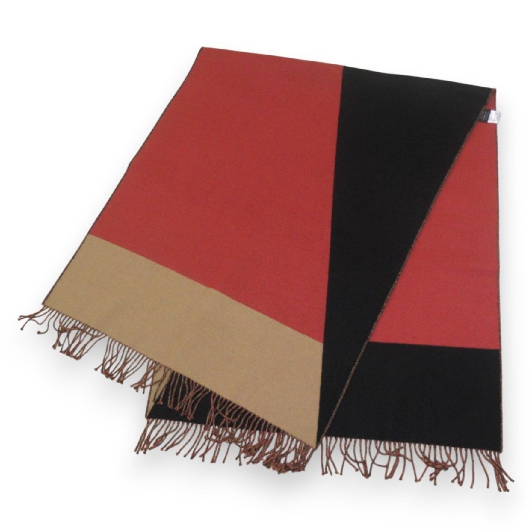 HERMES 100% Cashmere Fringe Blanket Large Stole Shawl Beige x Black Red