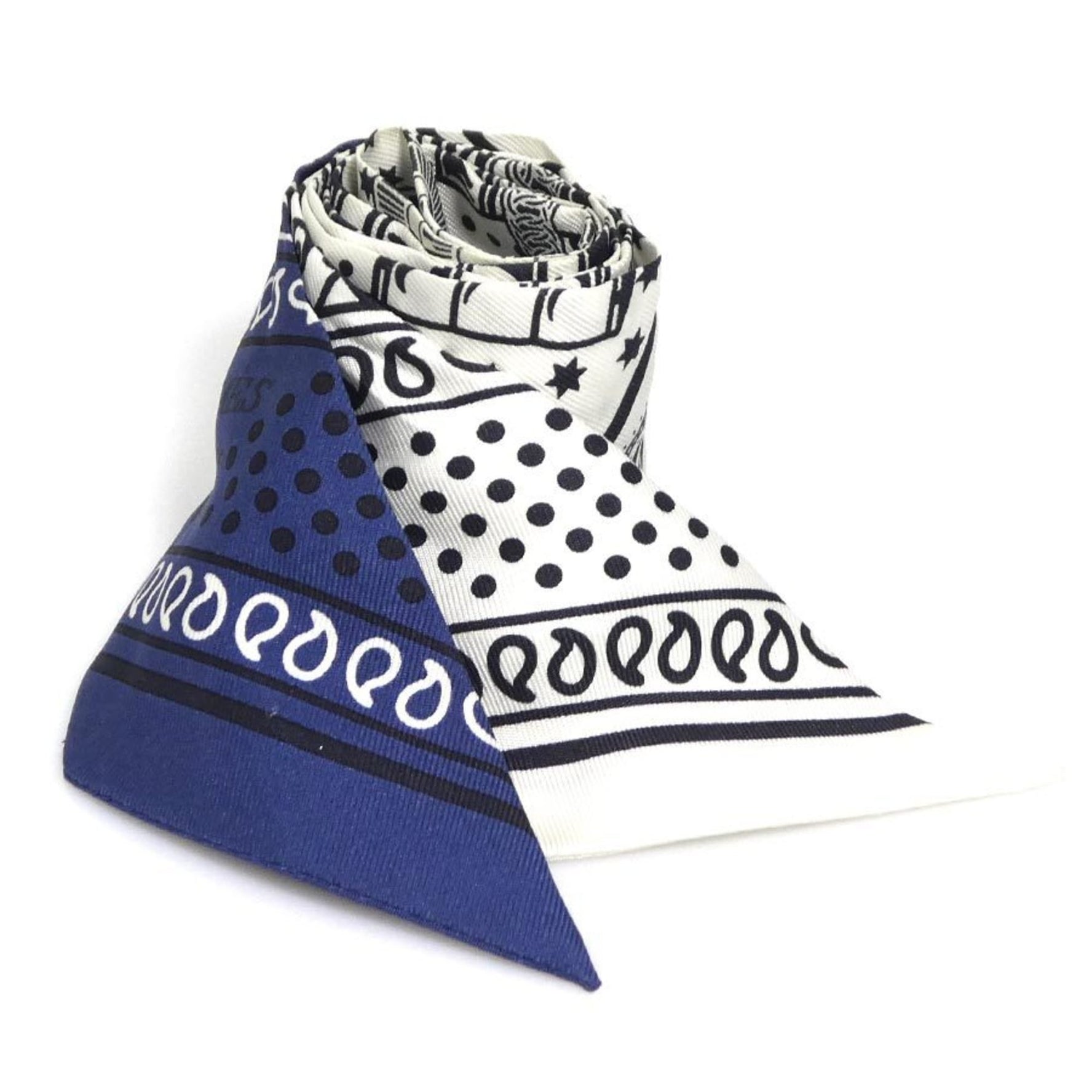 Hermes Hermès Twilly Silk Scarf/Muffler in White, Navy, and Black