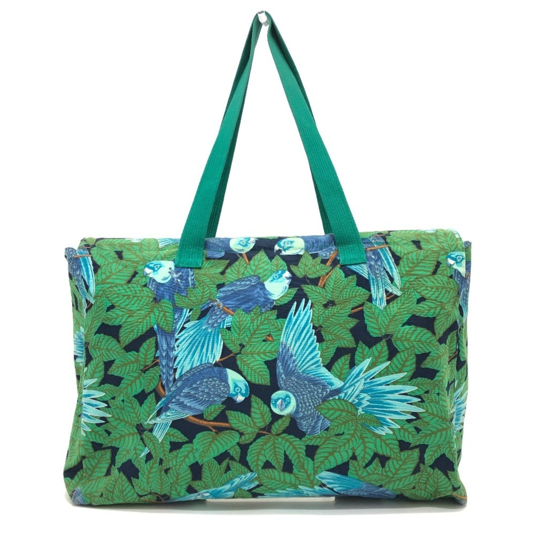 HERMES Vintage Bird Print Tote Bag, Shoulder Cotton, Green