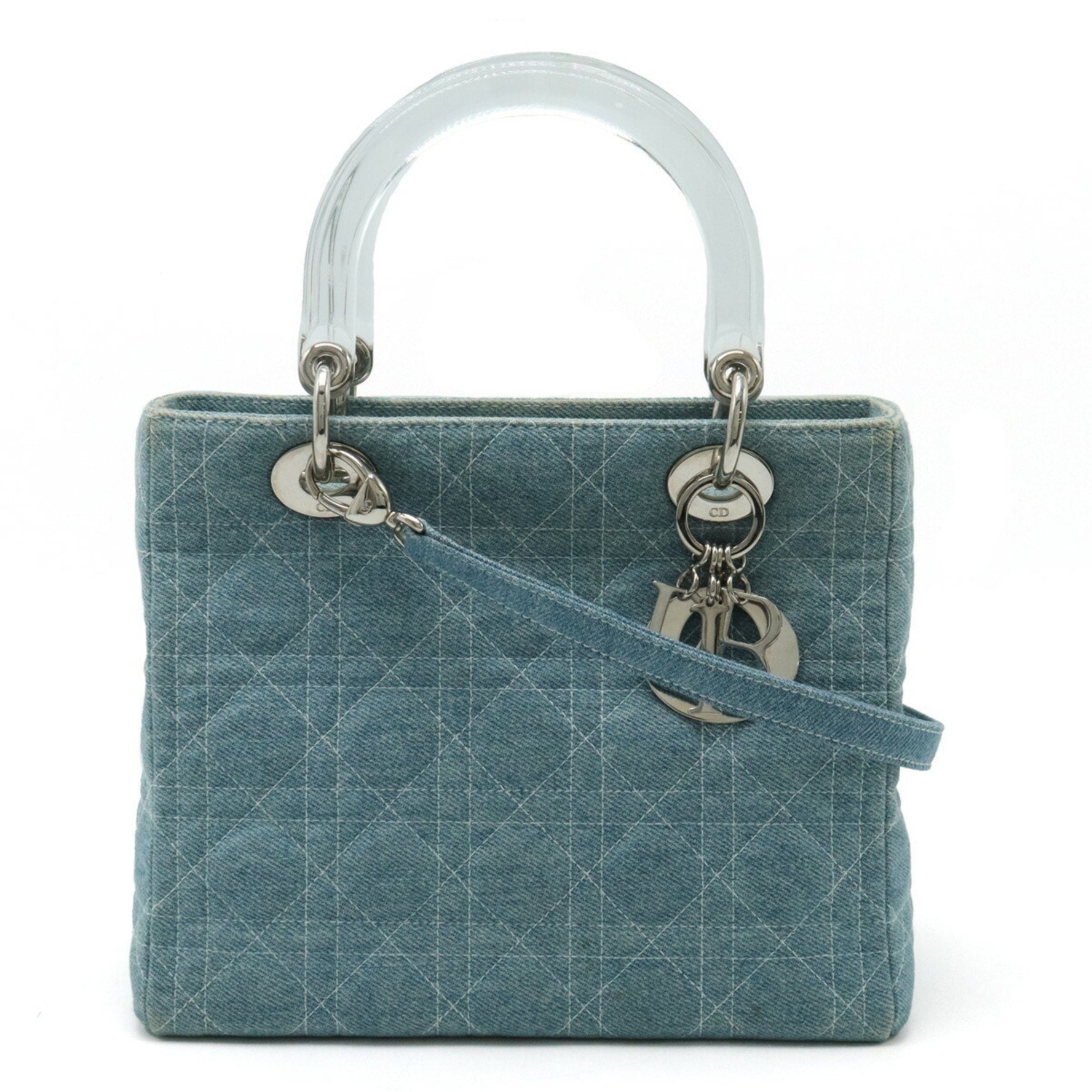 Christian Dior Lady Cannage Handbag Shoulder Bag Denim Light Blue Clear