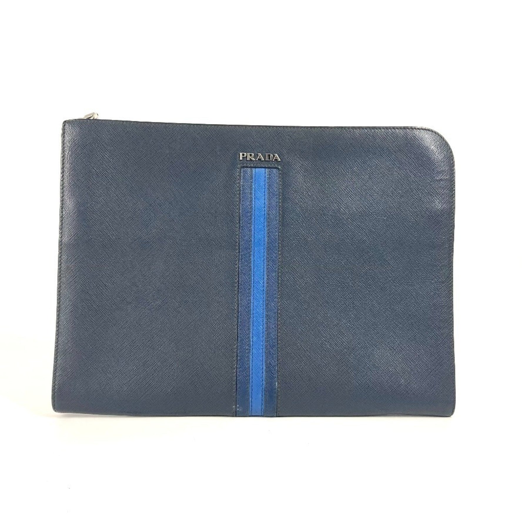 PRADA Logo Bag Pouch Striped L-shaped Zipper Clutch Saffiano Leather Men's