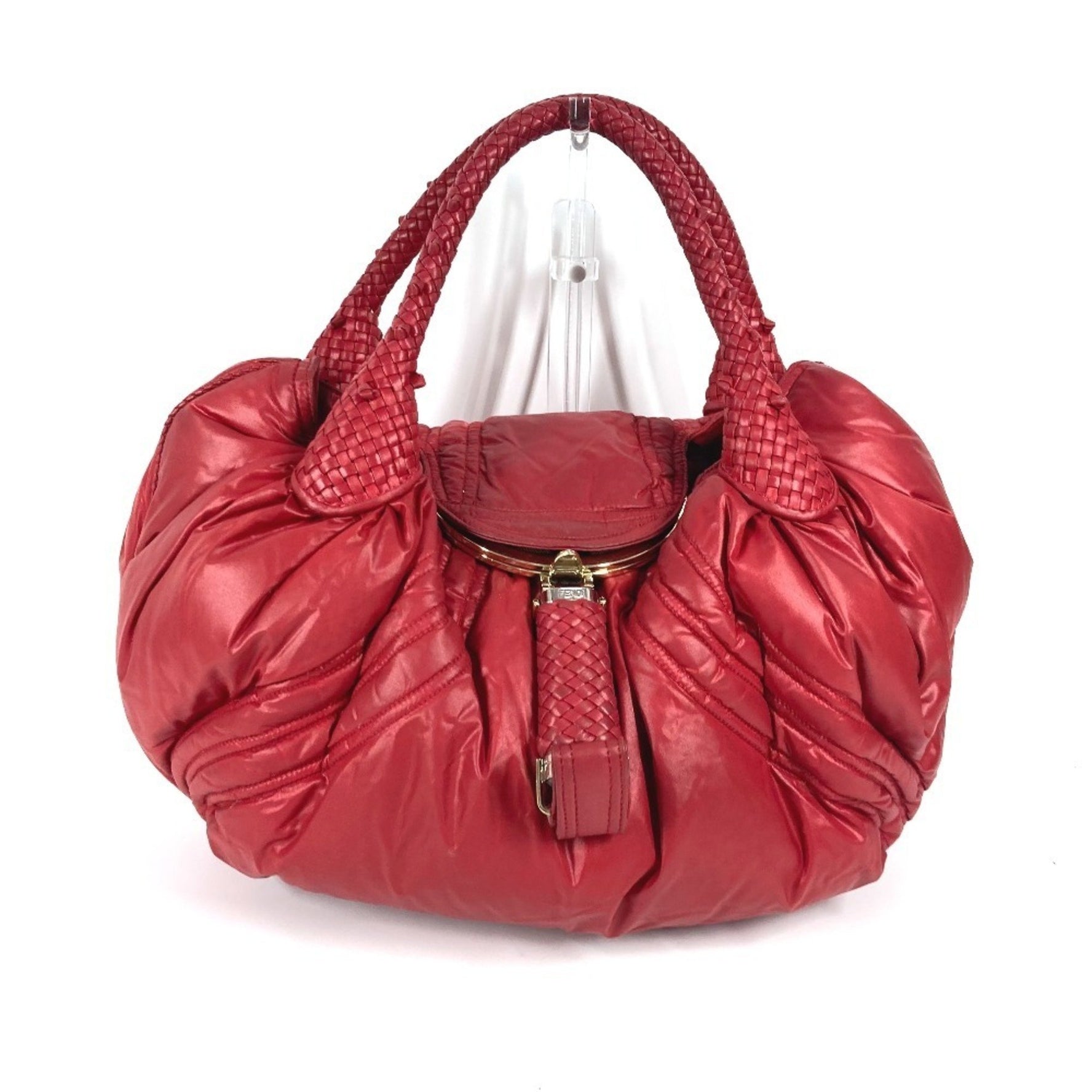 FENDI ZUCCA STUDDED SPY BAG SHOULDER TOTE NYLON RED