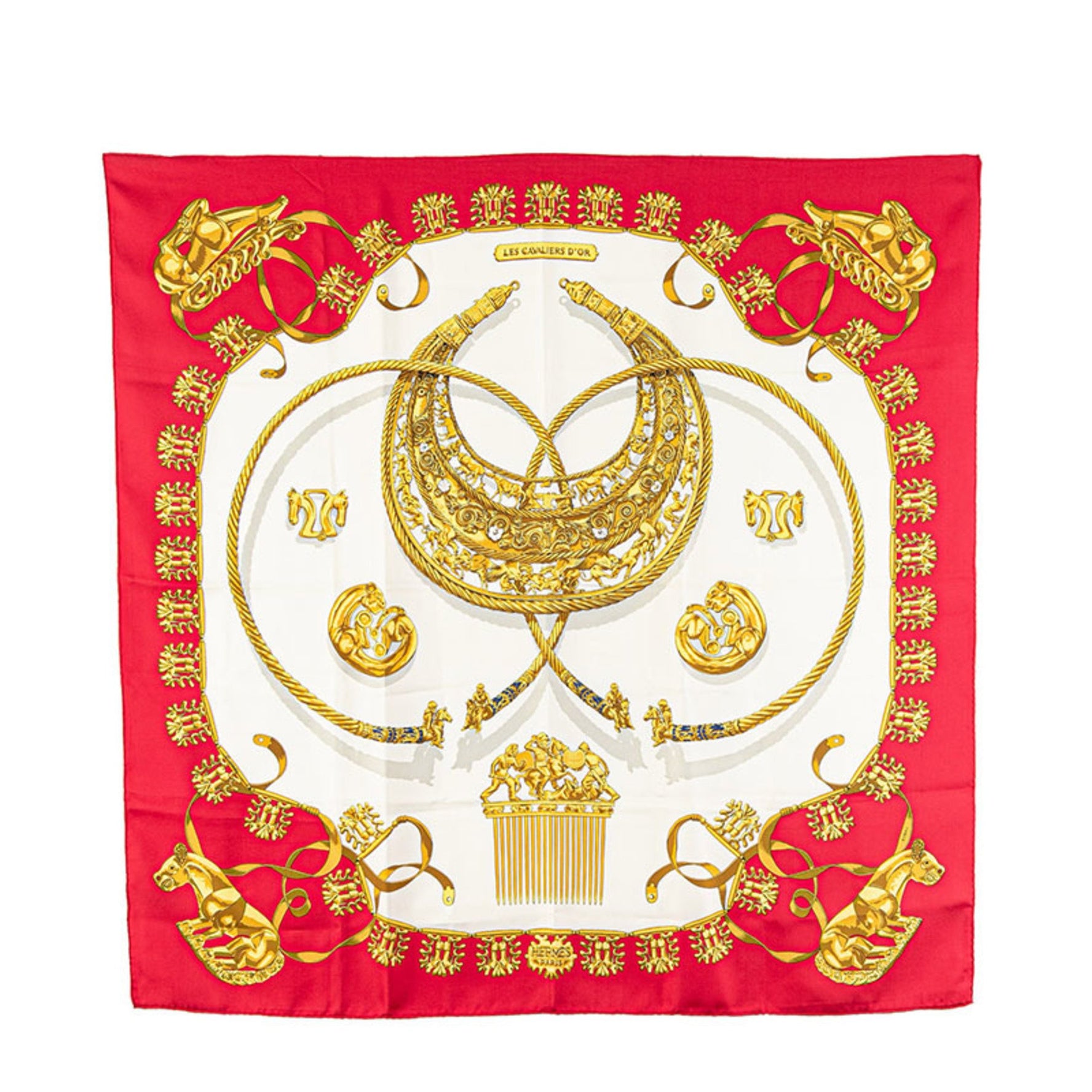 Hermes Hermès Carré 90 "Les Cavaliers D'Or" Scarf, Red, White, Beige, Silk