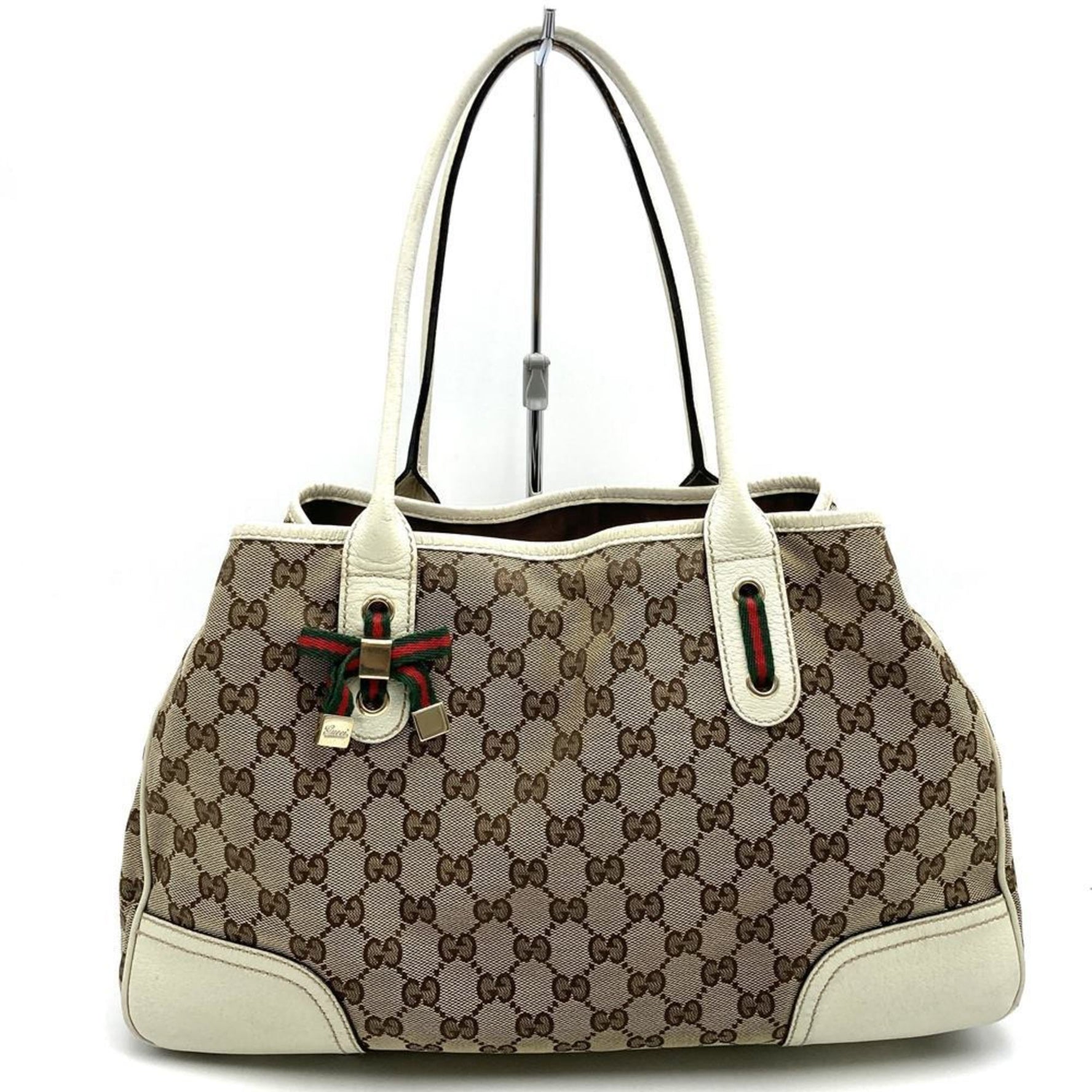 GUCCI Prince Tote Bag Sherry Line Horizontal Shoulder GG Canvas White Tea