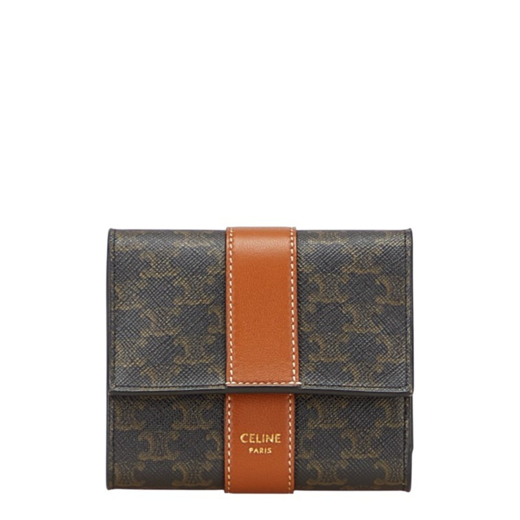 Celine Triomphe Tri-fold Wallet in Black and Brown Leather