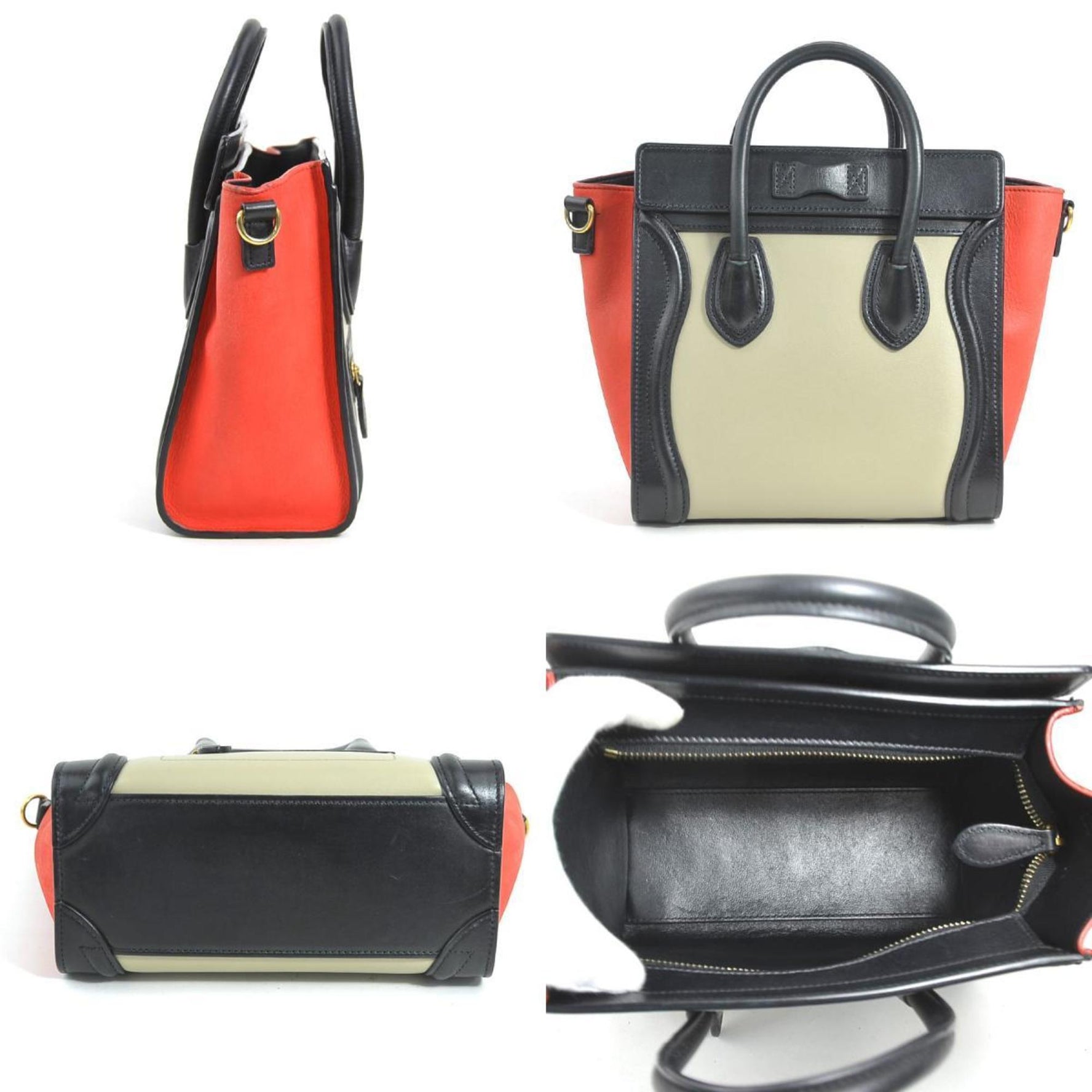 CELINE Handbag Shoulder Bag Luggage Nano Shopper Leather Nubuck Black Grey Red Gold