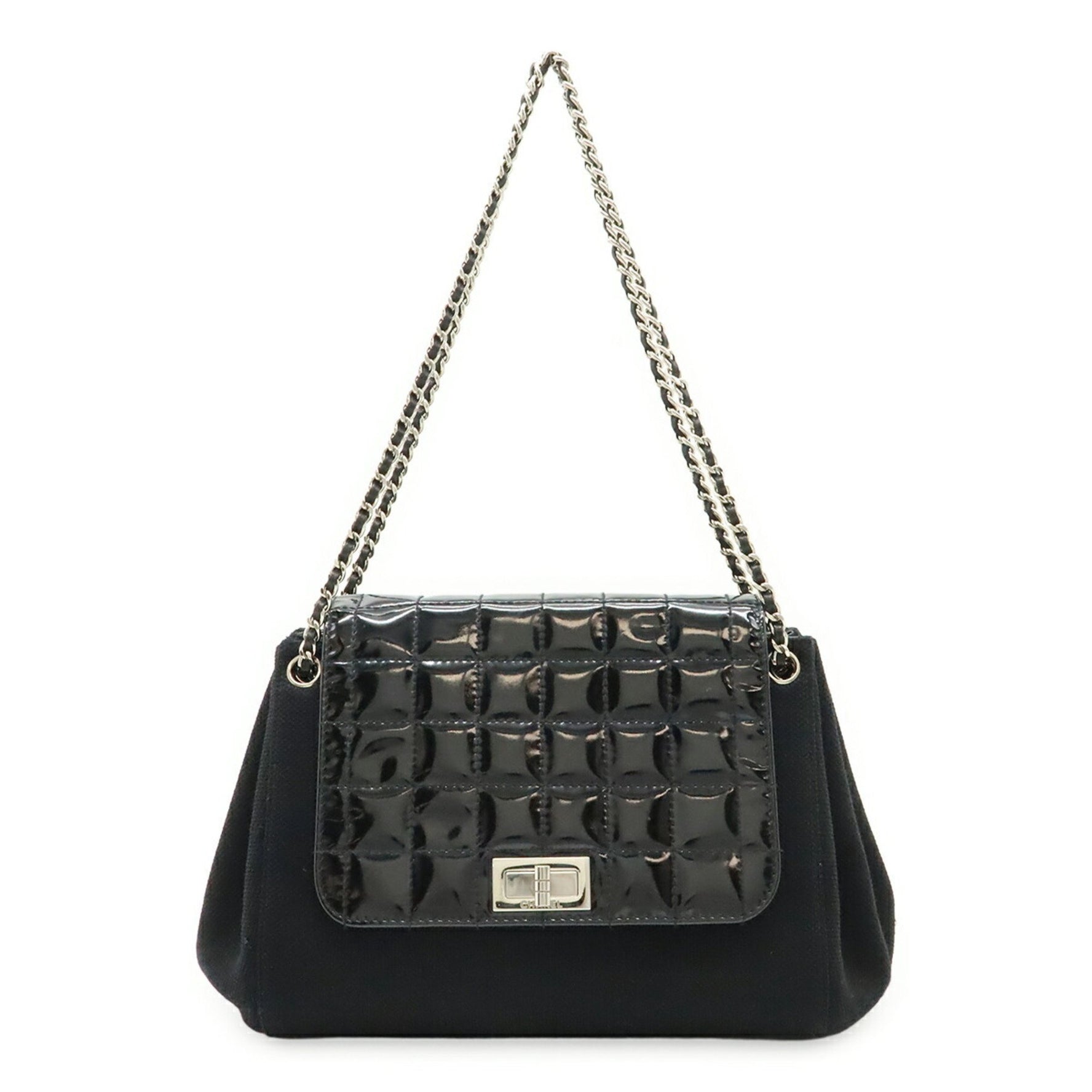 CHANEL 2.55 Chocobar Chain Shoulder Bag in Quilted Cotton, Patent Leather, and Black