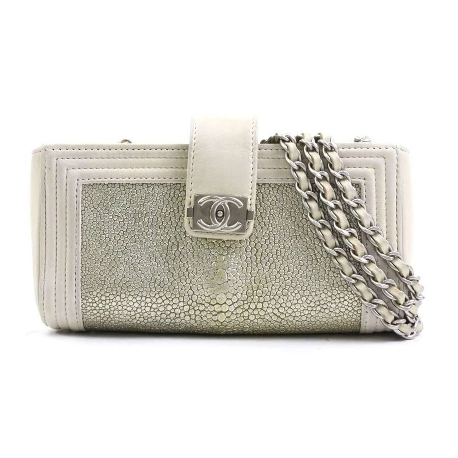 CHANEL Shoulder Bag Leather Galuchat Ivory Gold Silver