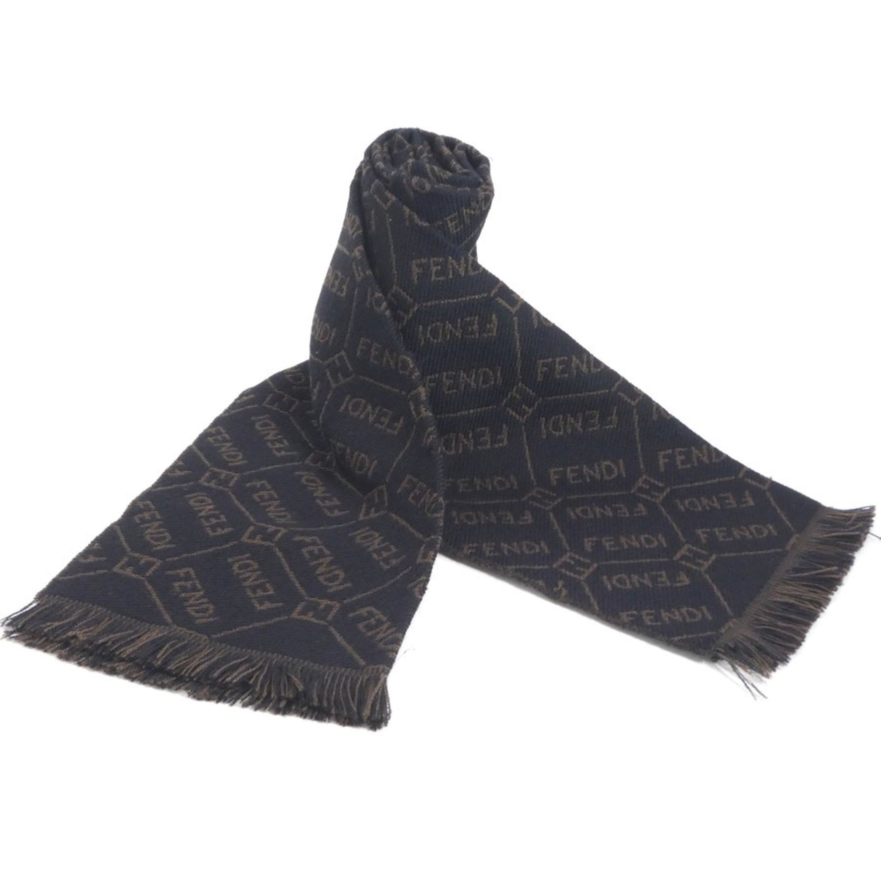 FENDI Wool Scarf Black x Brown