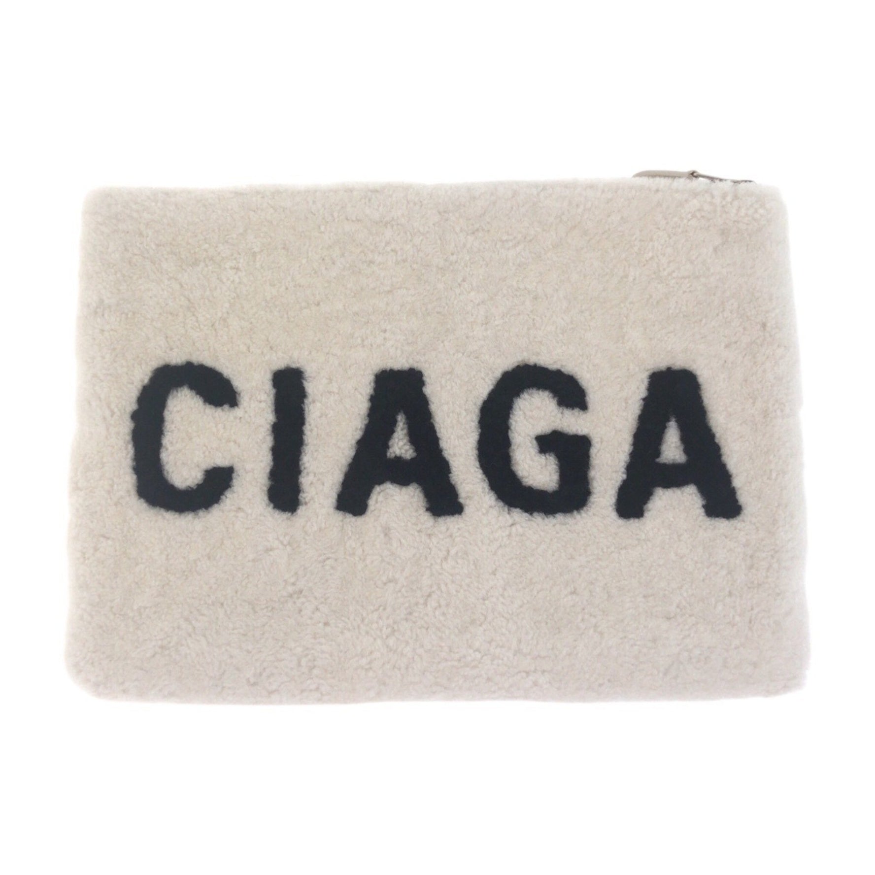 BALENCIAGA Shearling Logo Silver Hardware Mouton Clutch Bag