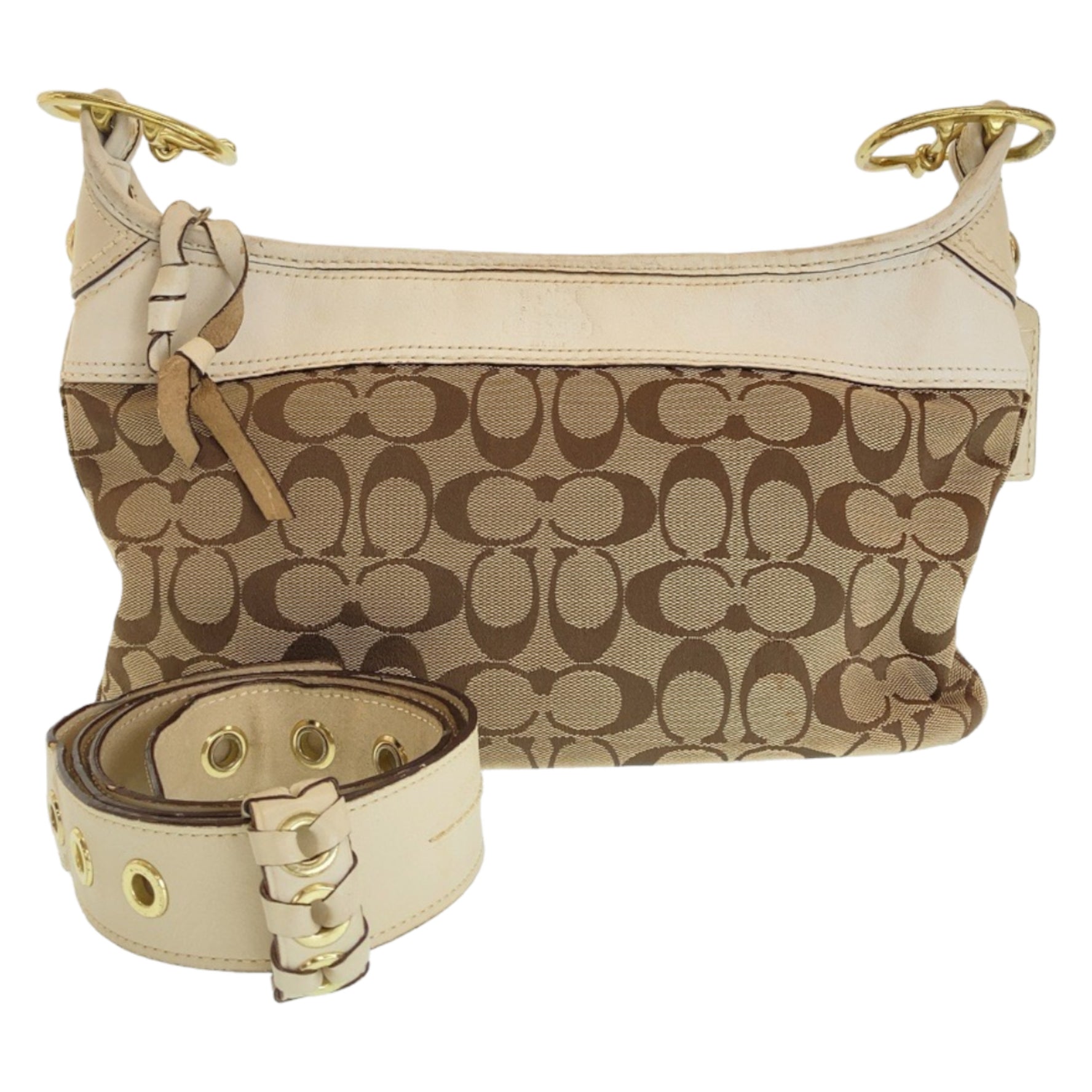 COACH Signature Beige White Gold Hardware Canvas Leather Shoulder Bag Pochette Crossbody
