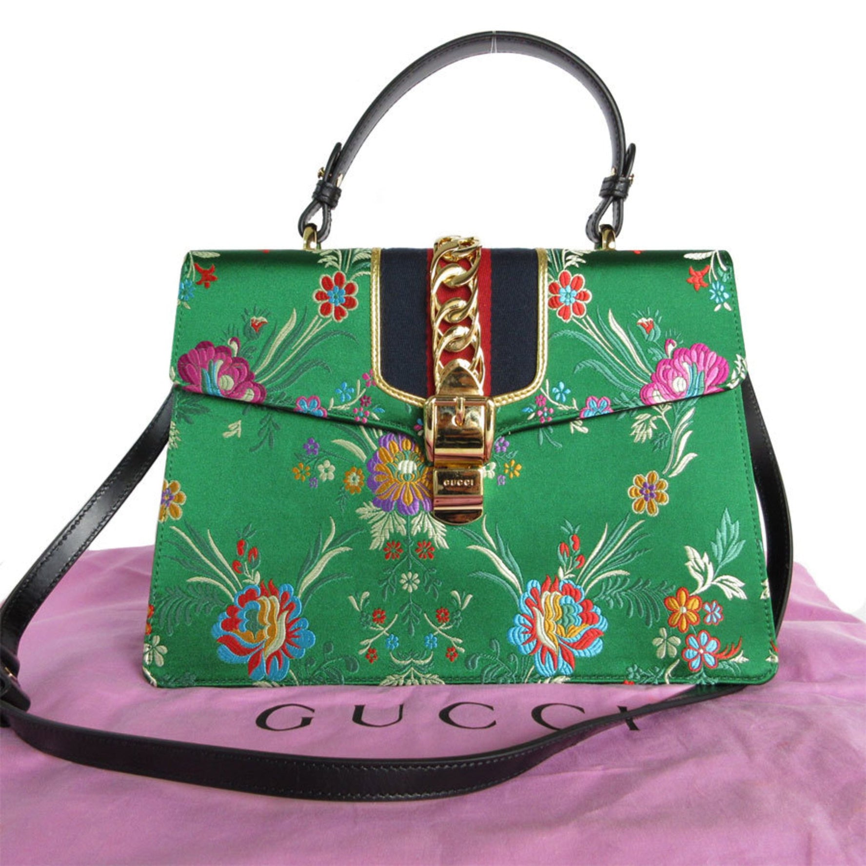 GUCCI Handbag Shoulder Bag Sylvie Satin Green Multicolor Gold