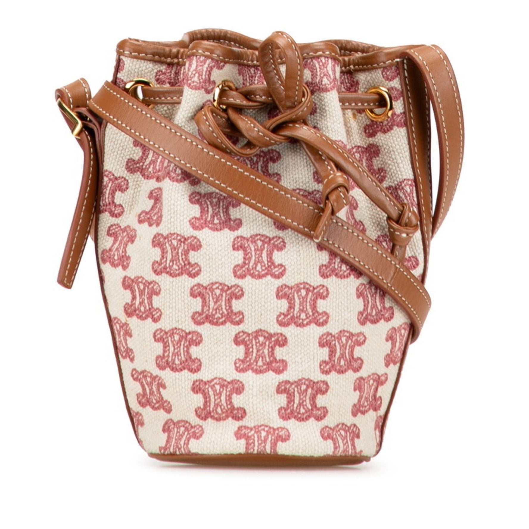 Celine Triomphe Shoulder Bag in Beige, Red, and Brown Canvas Leather .