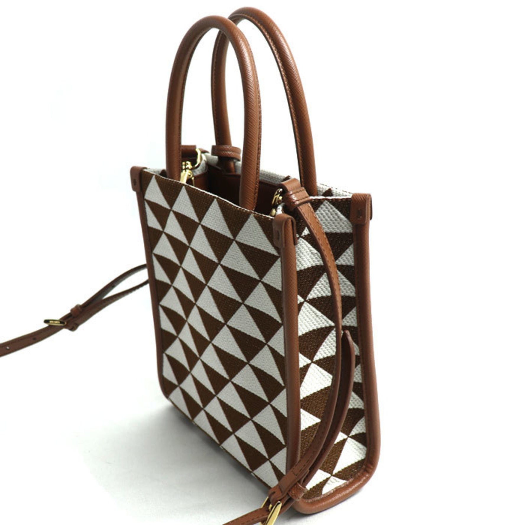 PRADA Symbol Embroidered Fabric Shoulder Bag Brown White IC