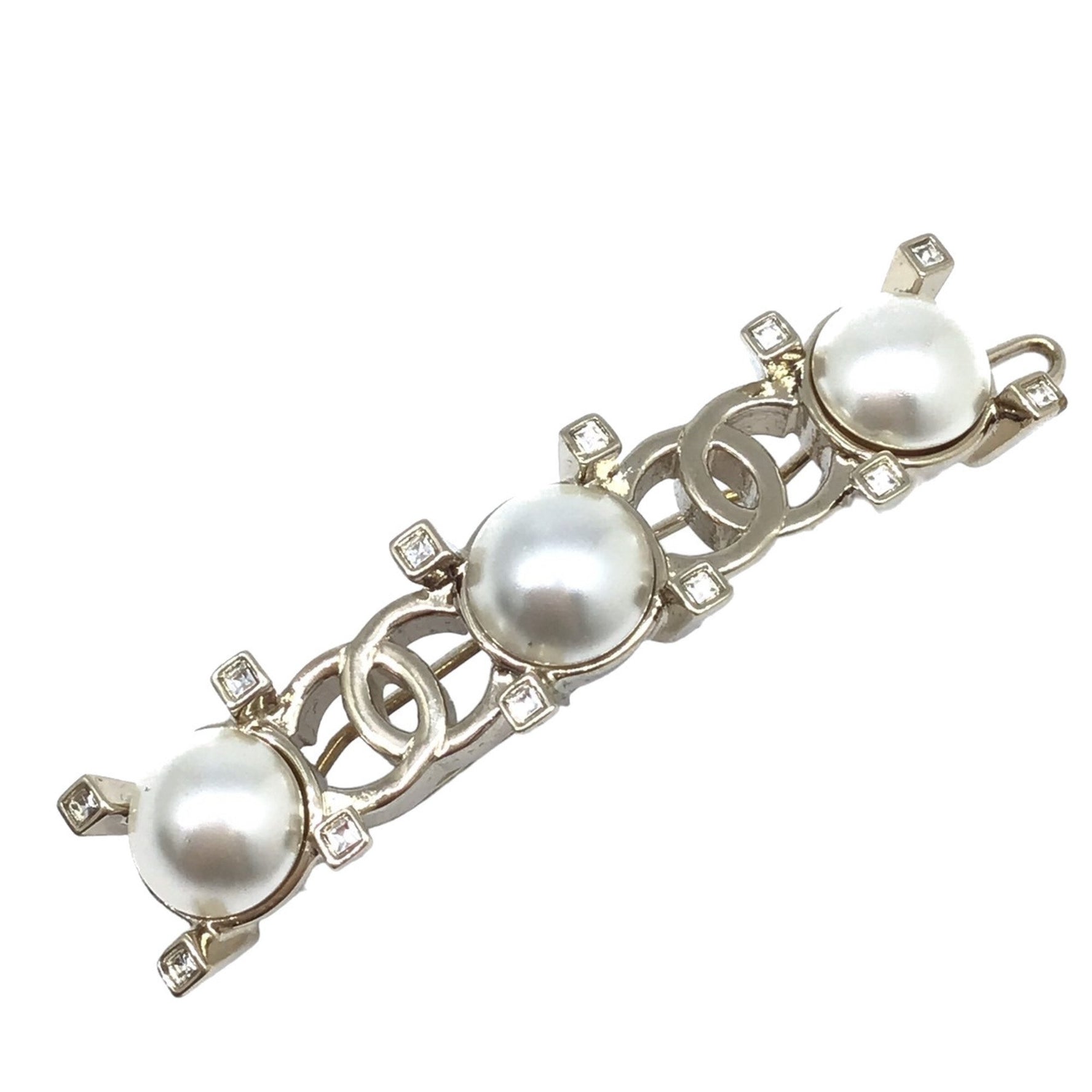 CHANEL Barrette Hairpin Champagne Gold Resin Pearl Rhinestone Hair Clip Accessories