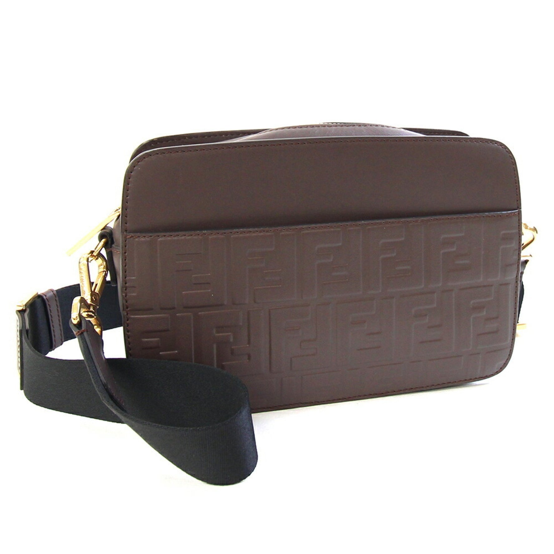 Fendi Shoulder Bag Zucca Dark Brown Leather Clutch Second FF Embossed Camera Crossbody