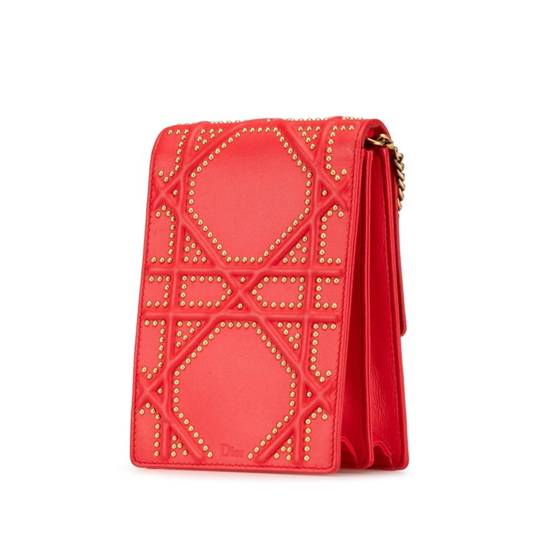 Christian Dior Dior Diorama Stud Chain Shoulder Bag Red Gold Leather