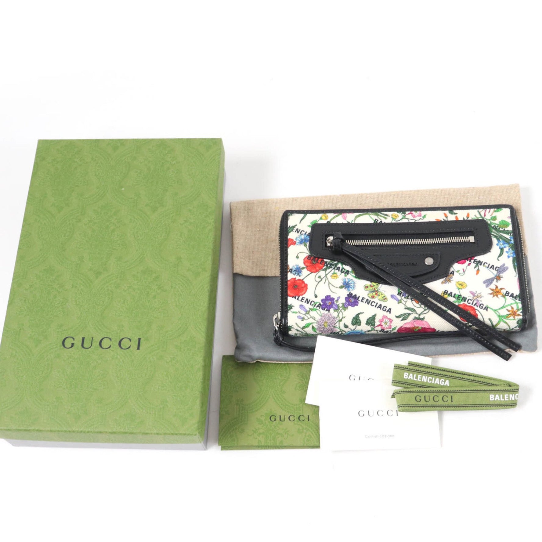 GUCCI x BALENCIAGA Floral Round Zip Leather Long Wallet in Multicolor, Includes Box and Dust Bag, Made Italy