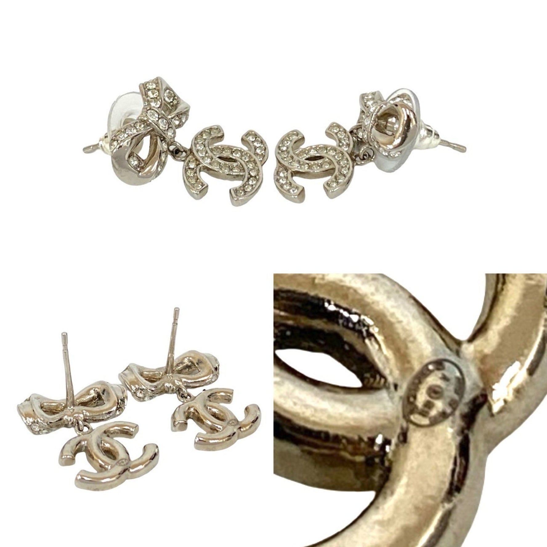 CHANEL Coco Mark Ribbon Motif Metal Rhinestone Earrings in
