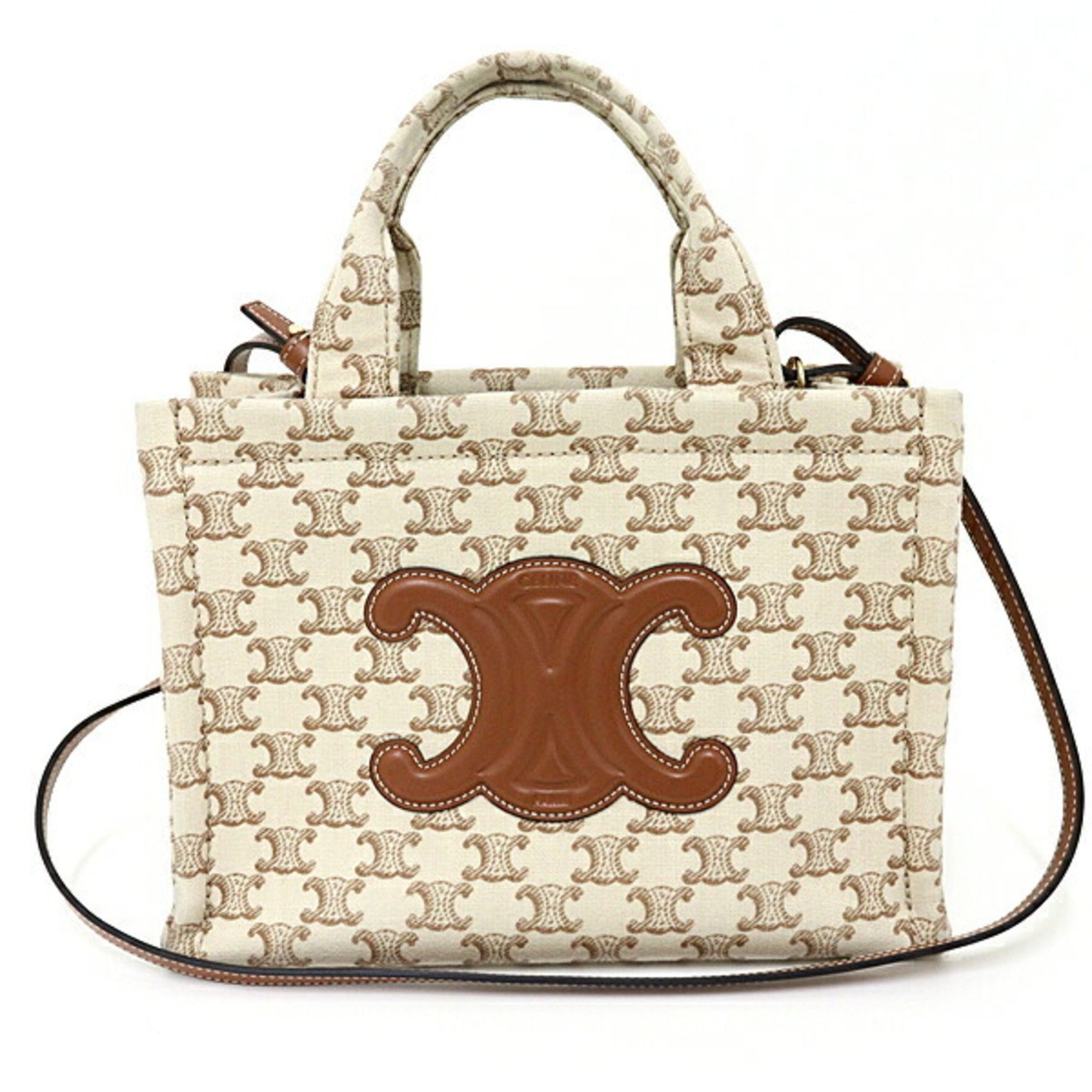 CELINE Small Cabas Thais Triomphe Canvas Tote Bag Beige