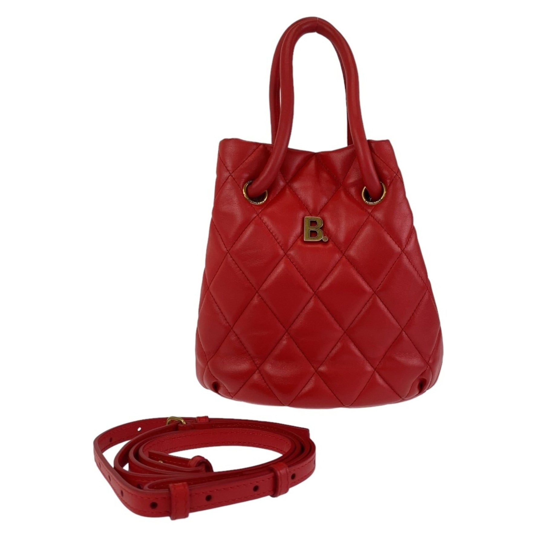 BALENCIAGA B Bucket Bag Red Gold Hardware Leather Shoulder Handbag