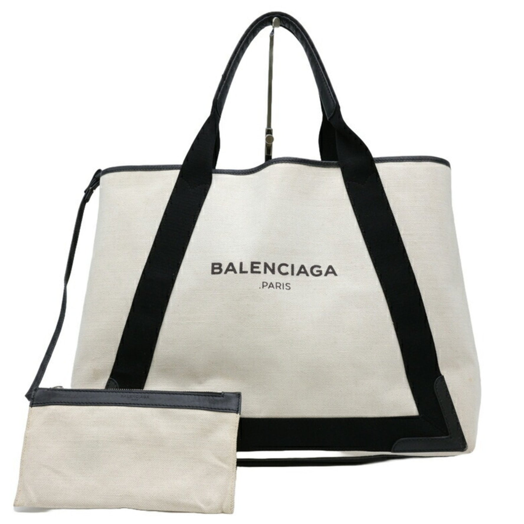 BALENCIAGA Navy Cabas Tote Bag Leather Canvas White Ivory