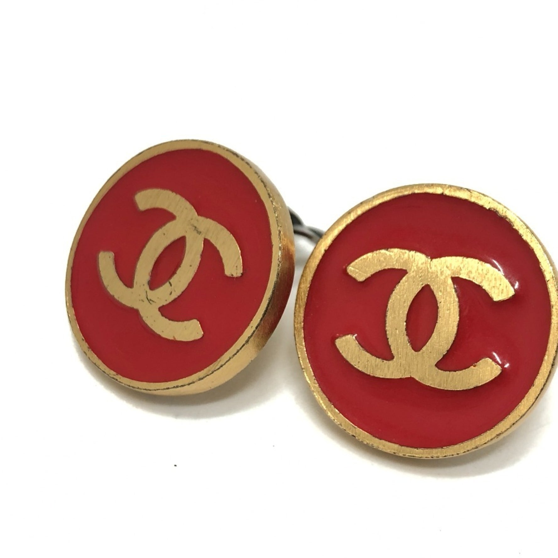 CHANEL Coco Mark Accessory Vintage Clip-on Earrings Metal Red x Gold